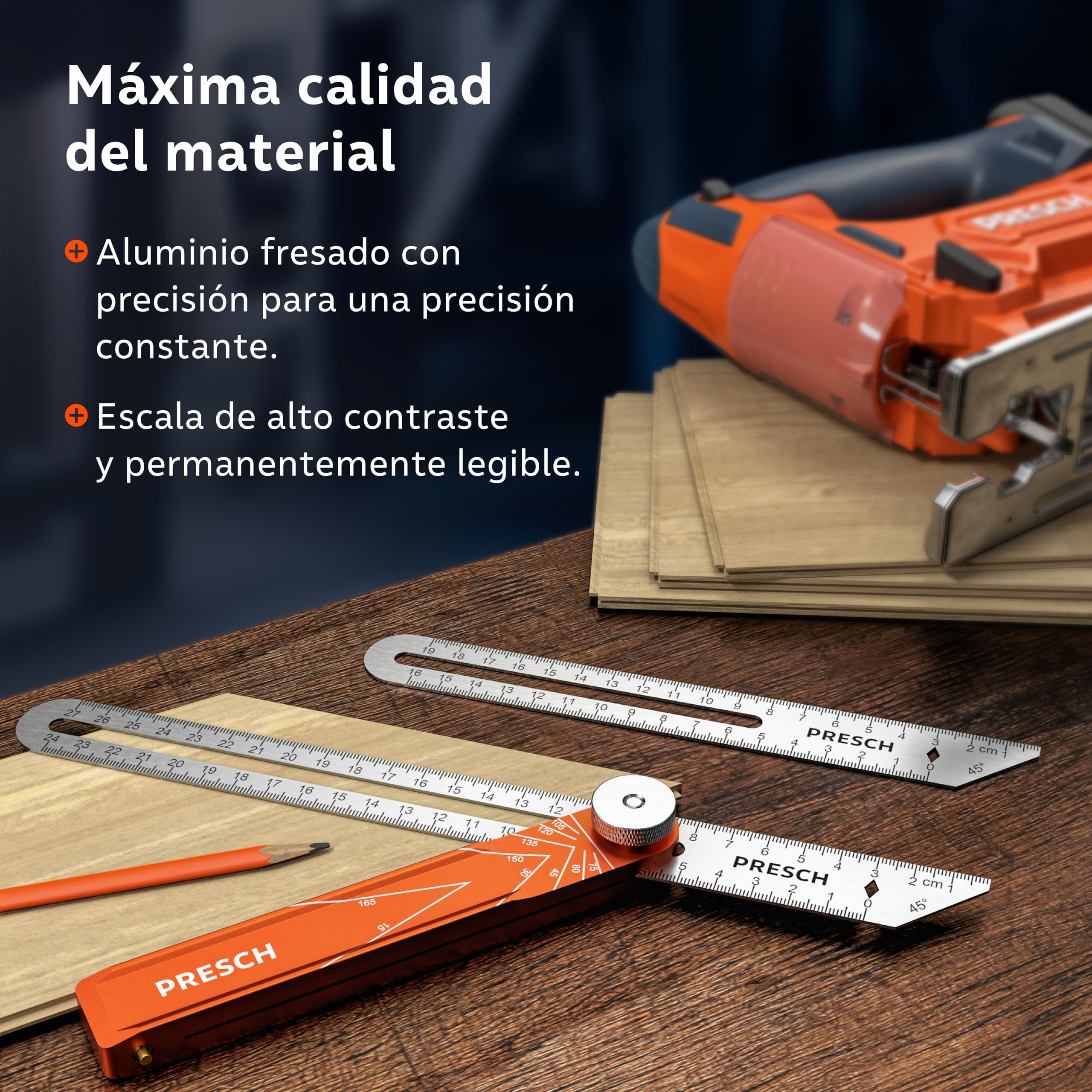 Presch Falsa Escuadra incl. regla adicional - 190mm & 270mm - Transferir ángulos de extrema precisión - Regla con función trazado fabricada en aluminio mecanizado con precisión y acero inoxidable
