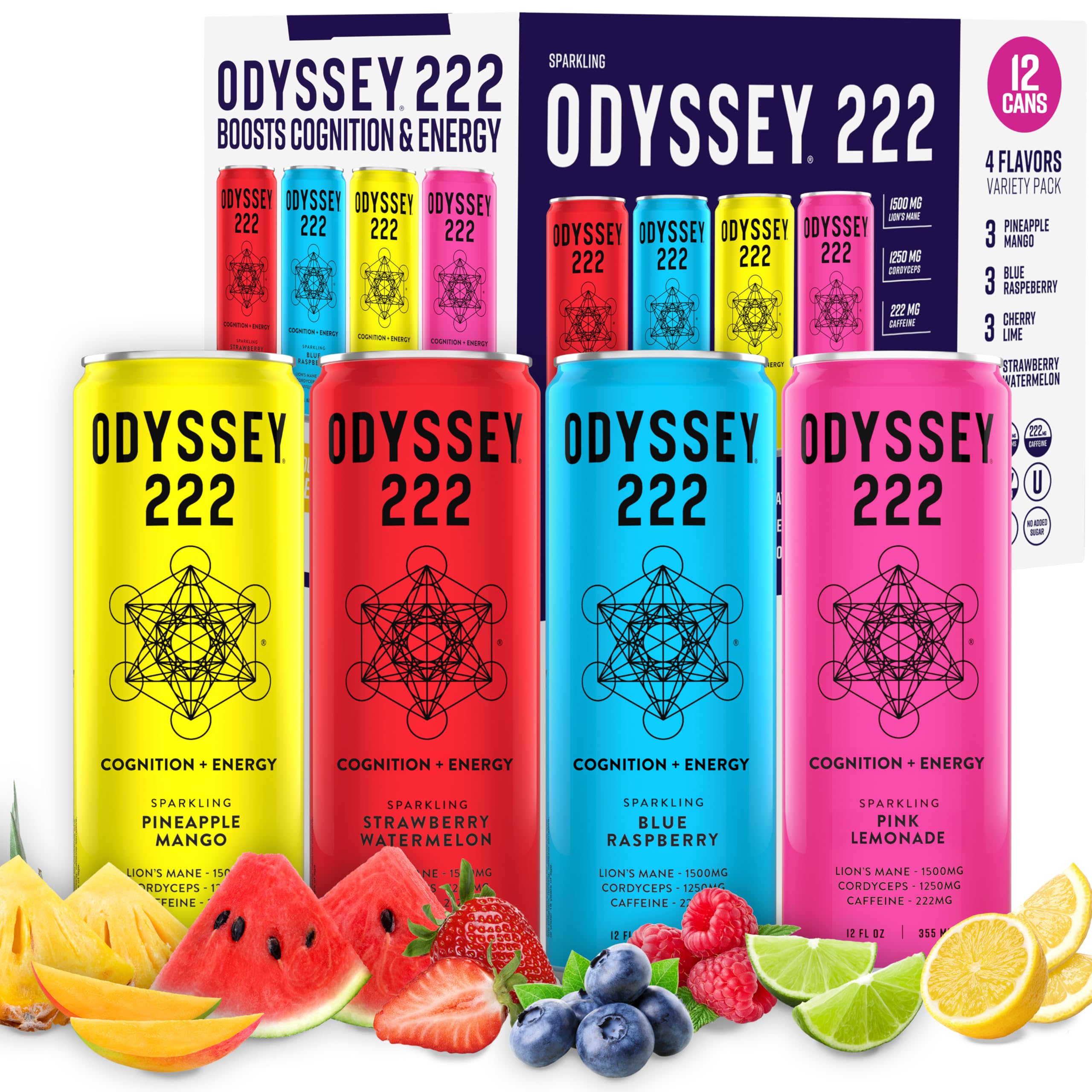 Odyssey 222 Energy Drink, Pre Workout, 222mg Caffeine, Clean Energy Drinks, L Theanine, Lions Mane, Cordyceps & Green Tea for Energy, Focus & Mood Boost, Low Calorie, Variety Pack, 12 Fl oz, 12 Pack