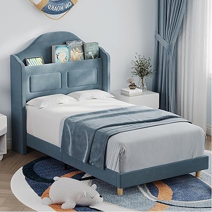 GarveeHome Twin Bed Frame for Kids, Upholstered Velvet Platform Bed for Boys/Girls with Wingback, Storage Bookcase Headboard & LED Lights, No Box Spring Needed, Noise-Free, Easy Assembly, Blue