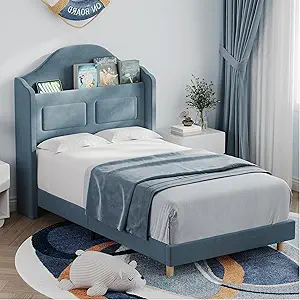 GarveeHome Twin Bed Frame for Kids, Upholstered Velvet Platform Bed for Boys/Girls with Wingback, Storage Bookcase Headboard & LED Lights, No Box Spring Needed, Noise-Free, Easy Assembly, Blue