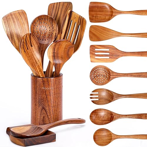 Mooues 9 Piece Natural Teak Wooden Kitchen Utensil Set with Spoon Rest - Comfort Grip Cooking Spoons and Utensils Holder - 9 PCS SET