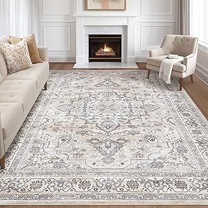 10x12 Area Rug Living Room: Washable Boho Large Neutral Vintage Soft Rugs Stain Resistant Farmhouse Non Slip Indoor Floor Carpet for Bedroom Nursery Kids Playroom Office Dining Room- Ivory Gray