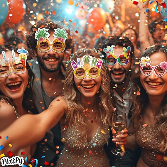 Funny Photo Booth Props - Tropical Themed Glasses - 32 pc - Super Colorful Fun Party Accessories - Cool Photography Props for Selfie Station - Hawaiian Luau Theme - Decorations Supply - by PixiPy