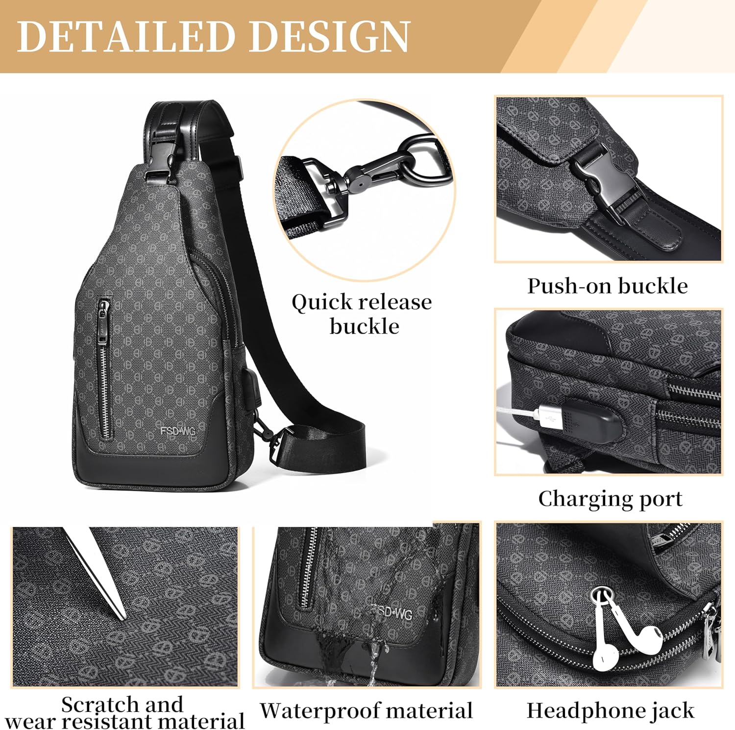 FSD. WG sling Backpack for Men Chest Bag Crossbody Shoulder Bags Travel Hiking Bag Purse for Men with Water Resistant - Image 4