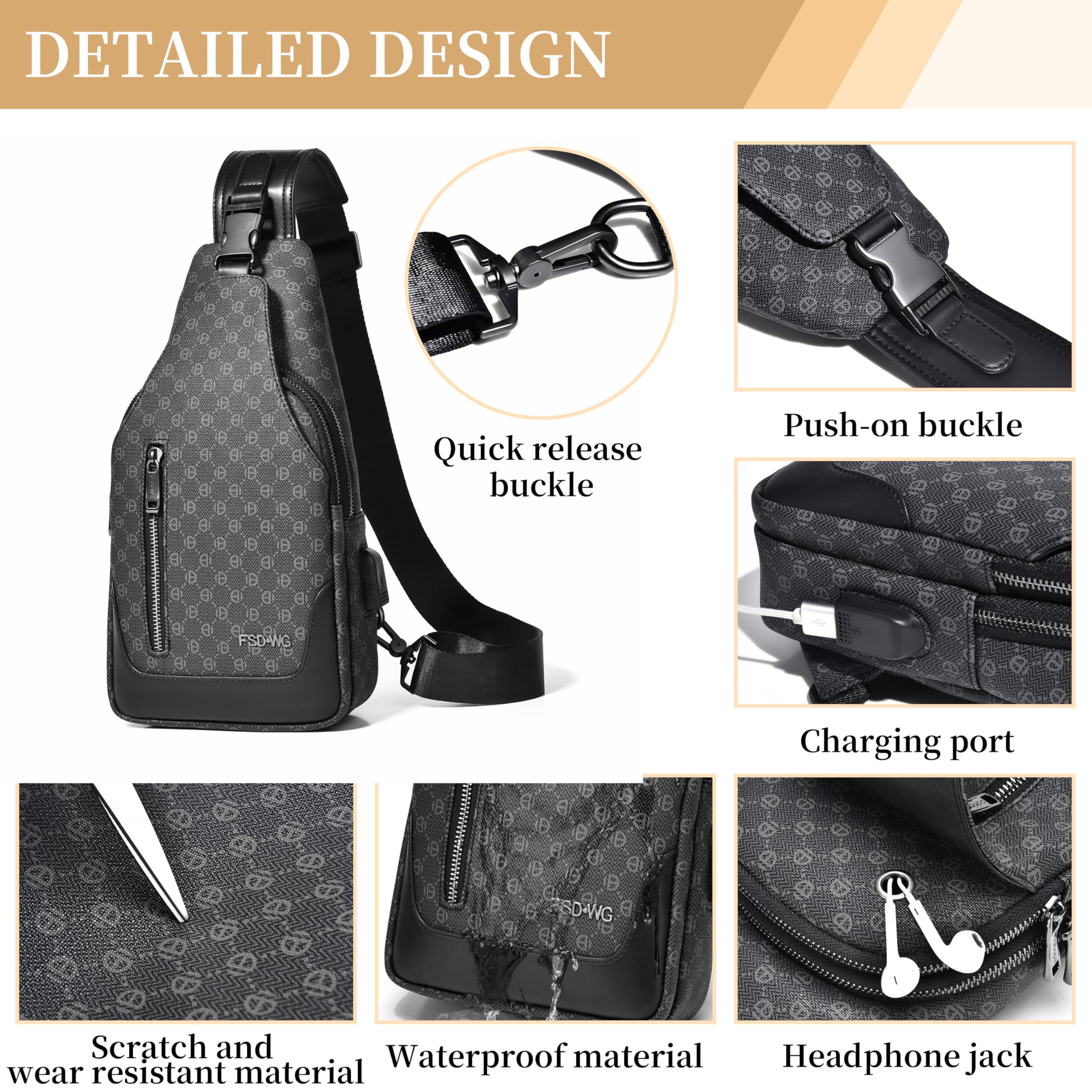 FSD WG - Mochila bandolera para hombre, bolsa de pecho cruzada, bolsa de hombro para viajes, senderismo, resistente al agua