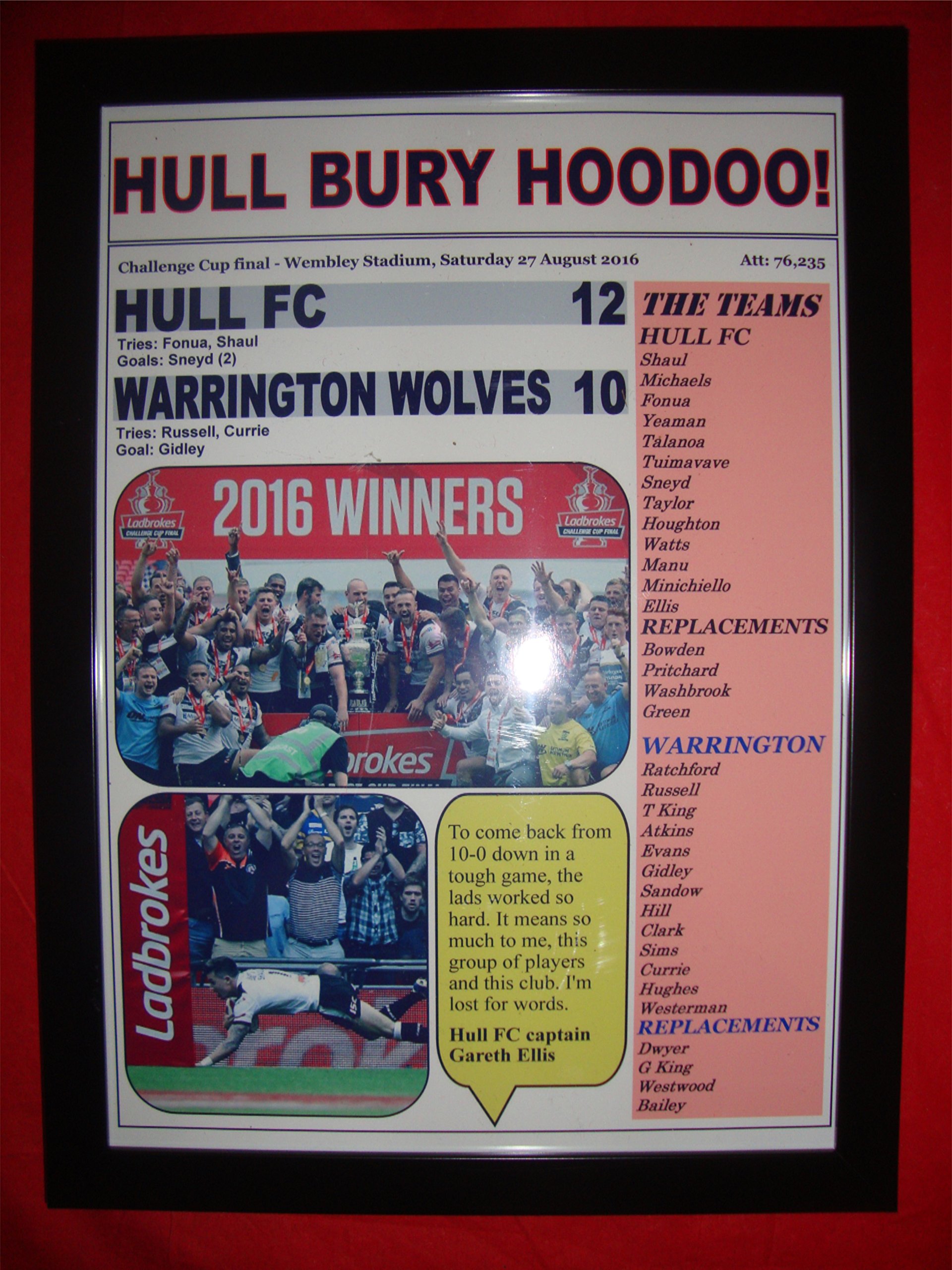 Lilywhite Multimedia Black Hull Fc 12 Warrington Wolves 10 - 2016 Challenge Cup Final - Framed Print