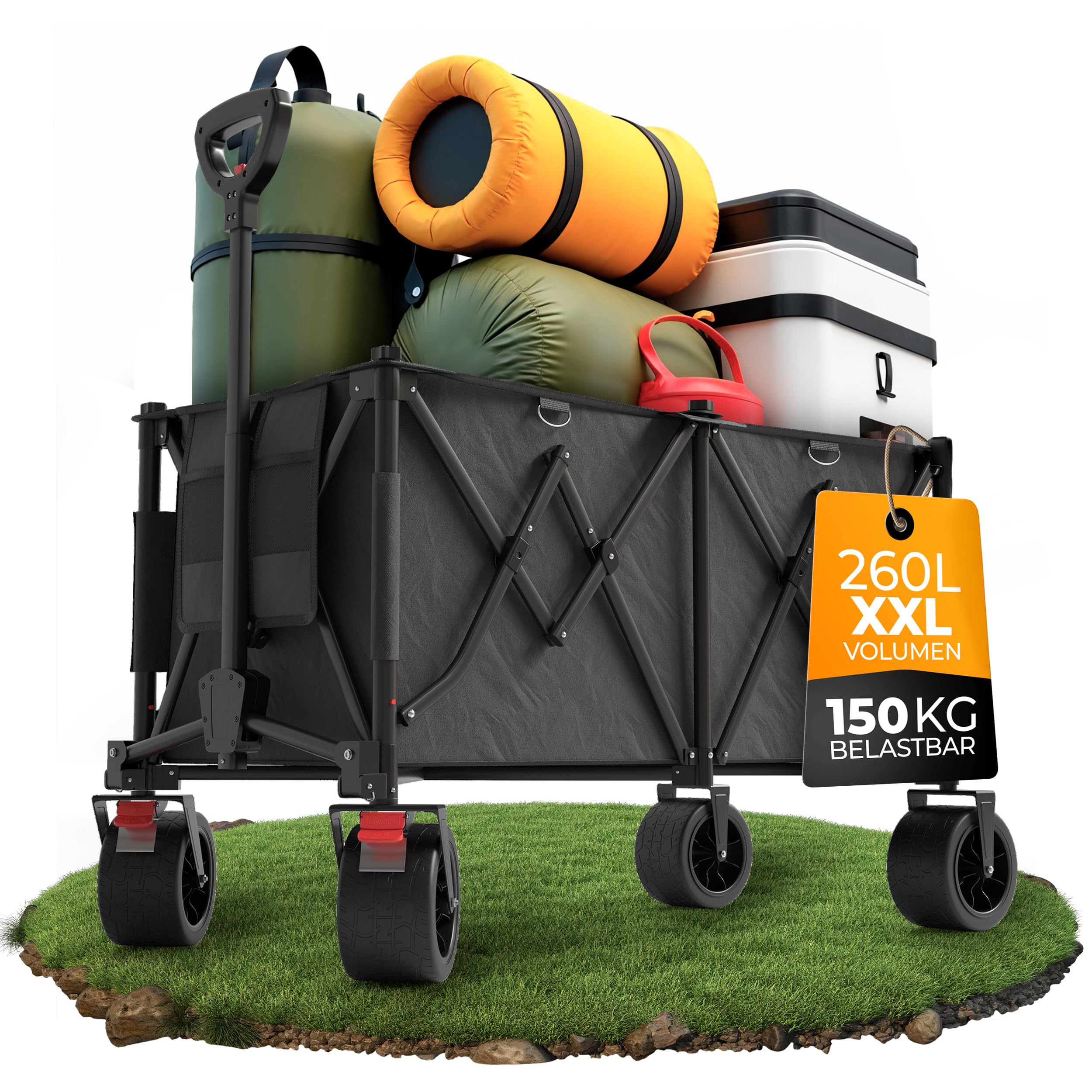 BigDean XXL Bollerwagen faltbar mit Dach 260L belastbar 150kg Dicke Reifen | Robuster Bollerwagen faltbar extra breite Reifen für jedes Gelände