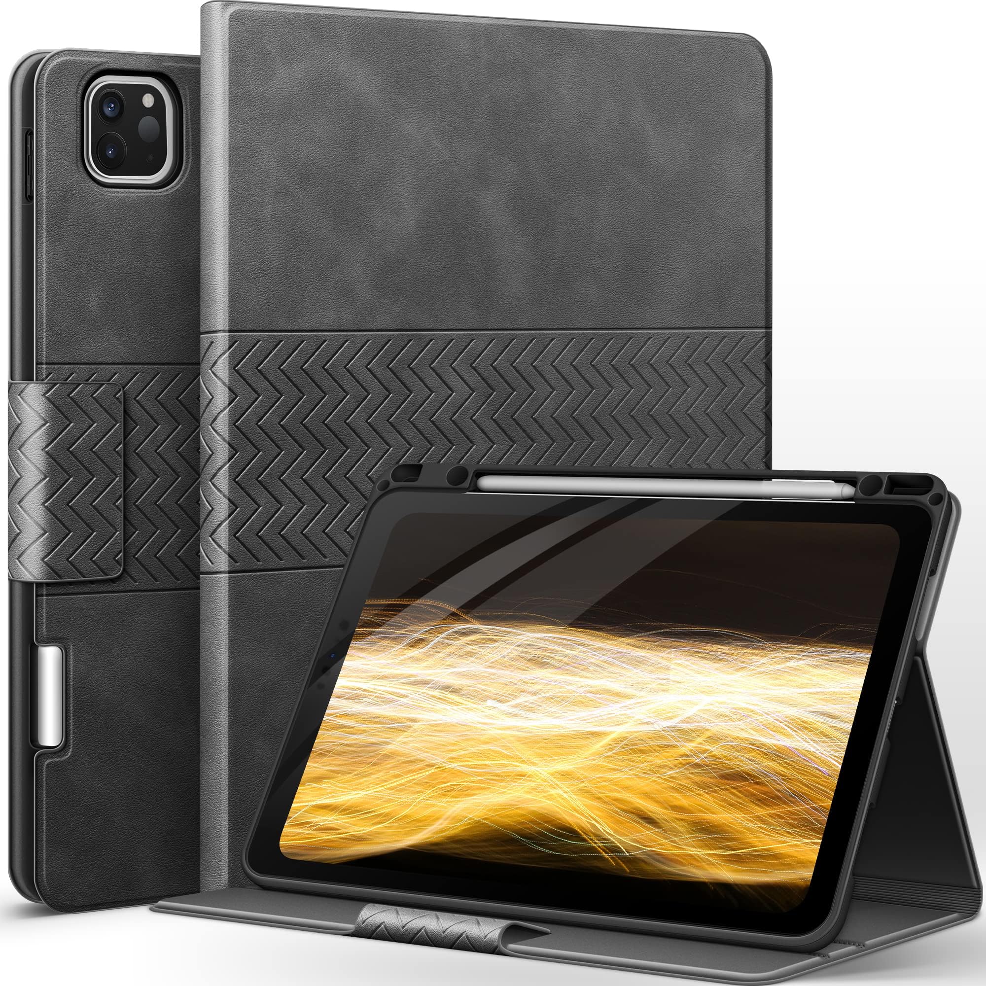 auaua Case for iPad Pro 12.9 6th/5th/4th/3rd Generation 2022/2021/2020/2018, Slim Durable Leather Stand Cover with Pencil Holder, Auto Sleep/Wake (Grey)
