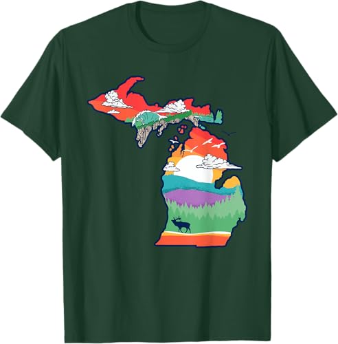Miniatura 76 de Michigan Outside Vintage Nature Illustration Artistic T-Shirt Slate Grey,White,Baby Blue,Red,Silver Grey,Dark Green,Kelly Green,Olive Green,Lemon