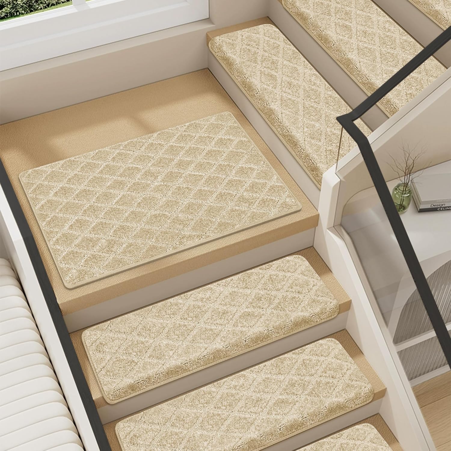 Stair Landing Mat 24 * 36 Inch, Peel and Stick Carpet Stair Treads for Wooden Steps Indoor with Adhesive Non-Slip Backing - Diamond Pattern Beige 24*36 Inch Beige-(Diamond Style)