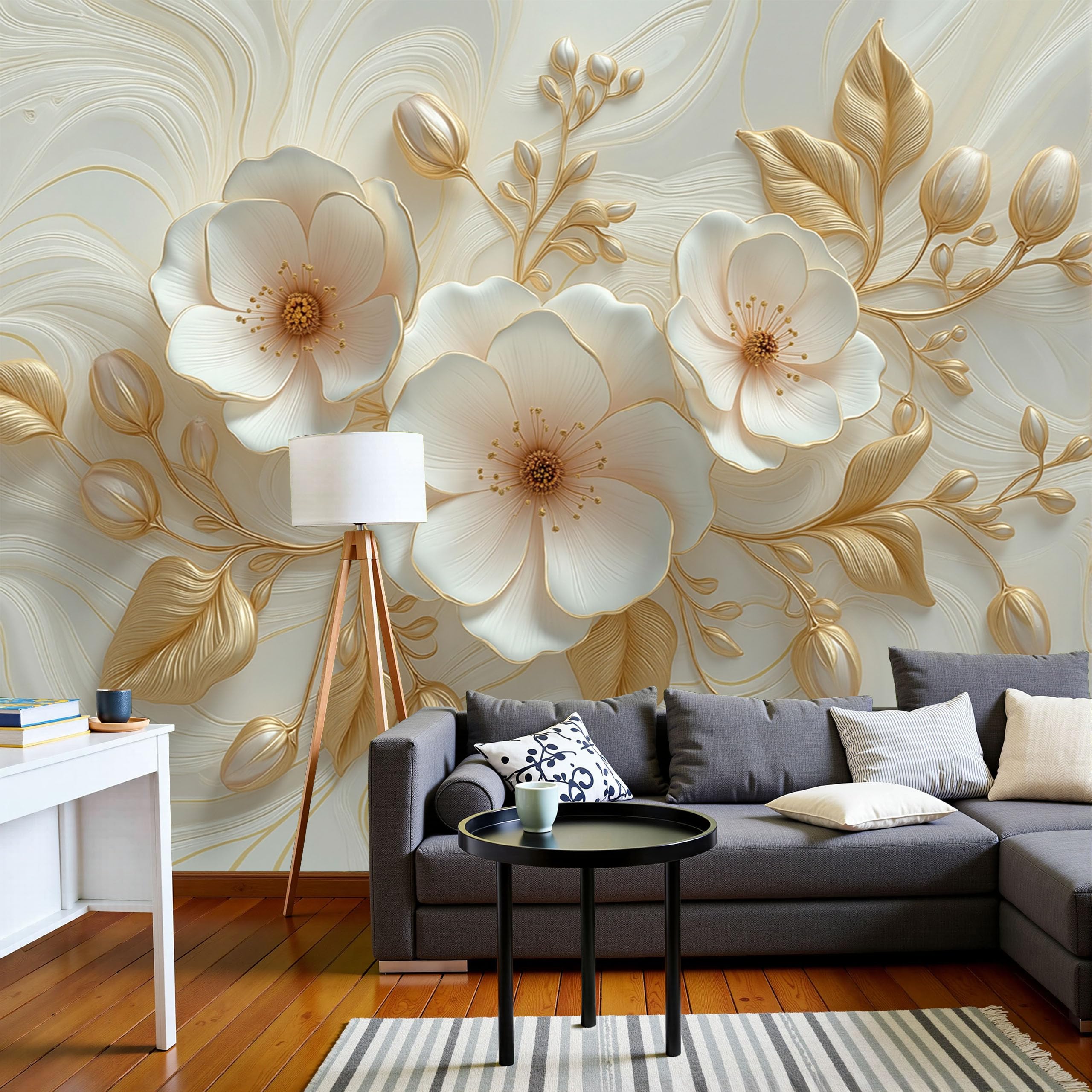 Papier peint fleurs vagues relief beige, poster panoramique 350x256 pour ambiance salon cosy