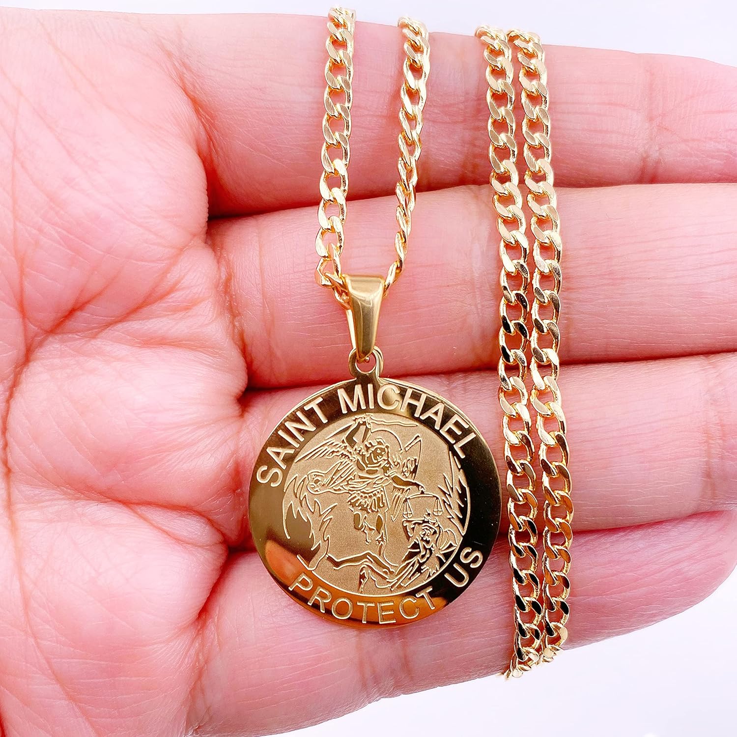 LESLIE BOULES Gold Saint Michael Archangel Stainless Steel Medal Necklace for Men 18K Plated Chain 22 Inches Length - Image 4