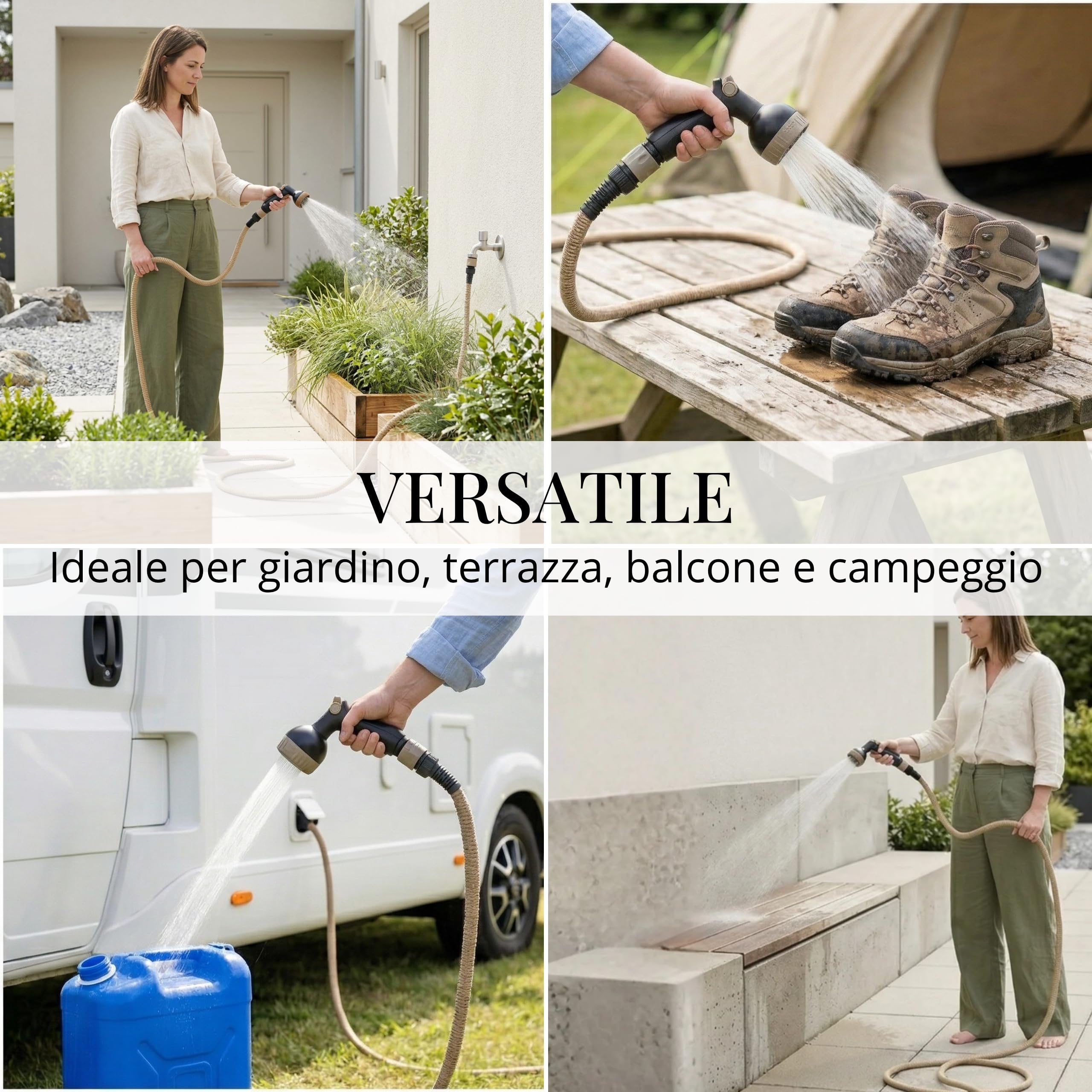 LIVLIG Tubo flessibile 15 m Made in Italy – tubo espandibile 1/2" con raccordi e doccetta multifunzione – Beige