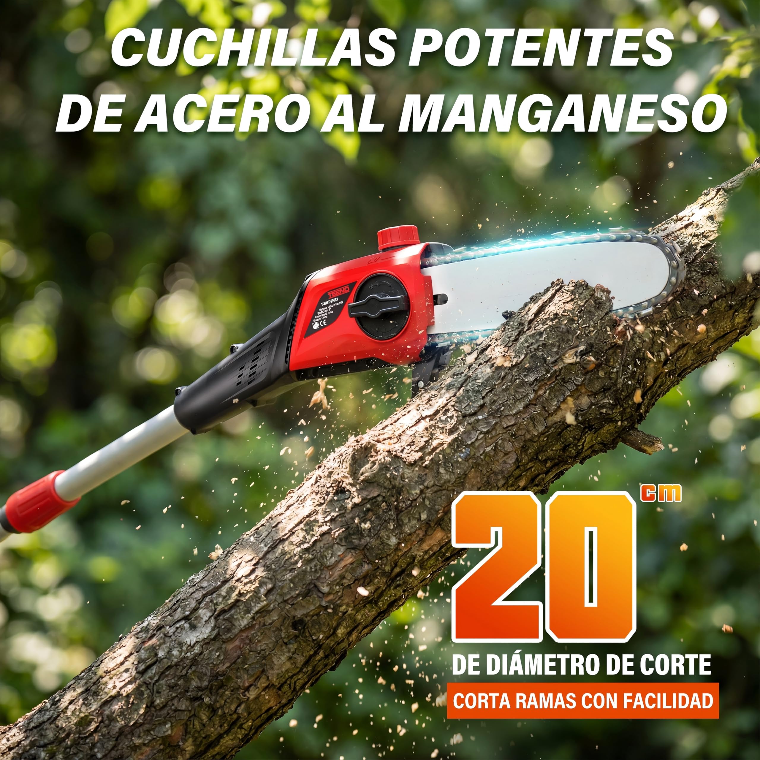 TEENO Cortasetos y Sierra eléctrica 2 en 1,Sierra y Cortasetos Pértiga a Batería con Correa Hombro,Barra Sierra 20 cm,Cortasetos 42 cm y Cuchillas Doble Acción,Incluye batería de 20V 4000mAh