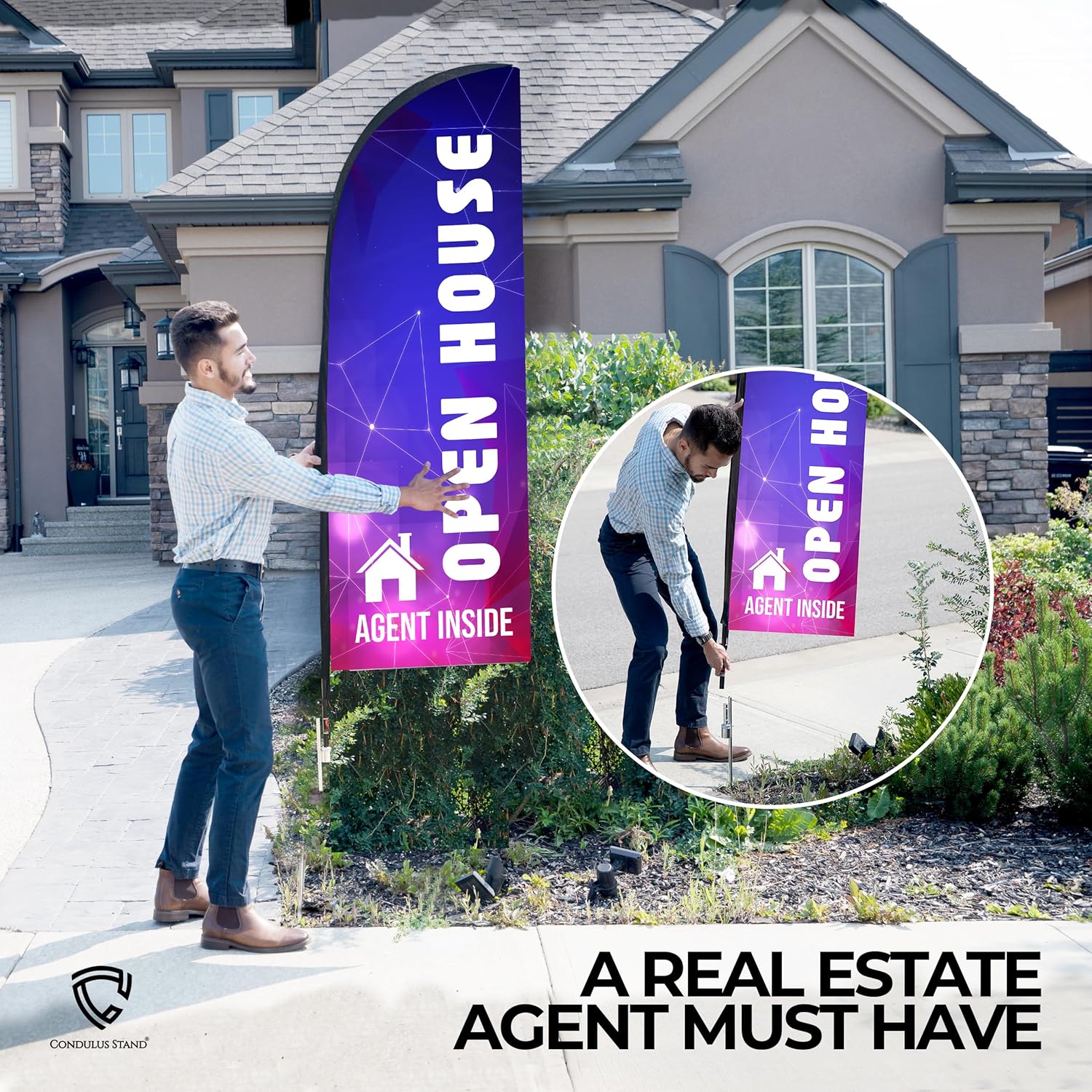 Double Sided Open House Signs for Real Estate Supplies with Ground Spike & flag bag | Open House Flags for Real Estate Agent Supplies | Open House Feather Flag with Stake (Royal Blue & Pink)