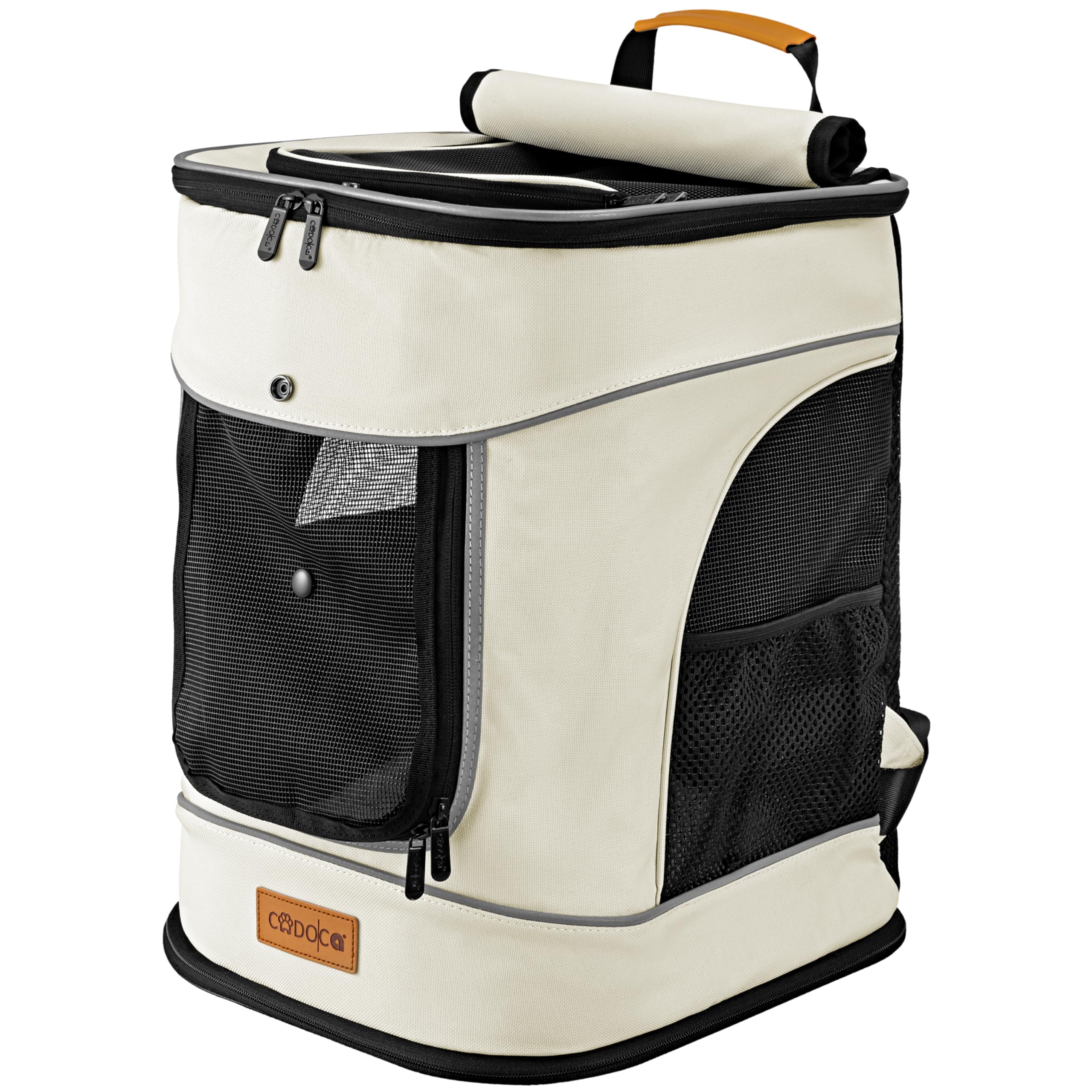 CADOCA® Mochila Transportín Perros Gatos 20 Kg Bolso Transporte Mascotas Plegable Correa Comedero Animales Tiras Reflectantes Viajes Excursiones Beige