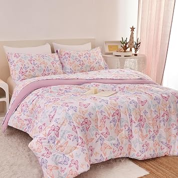 Butterfly Full Size Bed Sheets and Comforter Set for Girls, Kids Cute Printed Pattern Bedding Set 7 Pieces