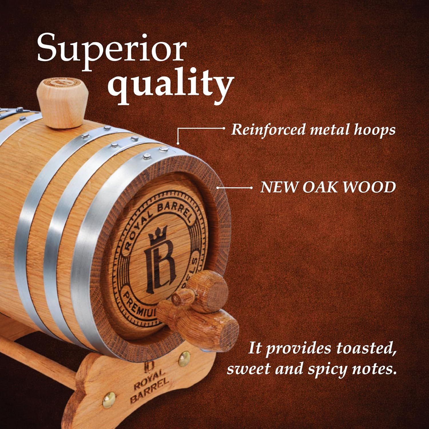American Oak Barrel with Galvanized Hoop | Functional for Aging Whiskey, Wine, or Spirits – Premium Finish in Dark Wood Tone – Ideal for Craft Beverages, Home Décor | ROYAL BARREL (3 Liter)