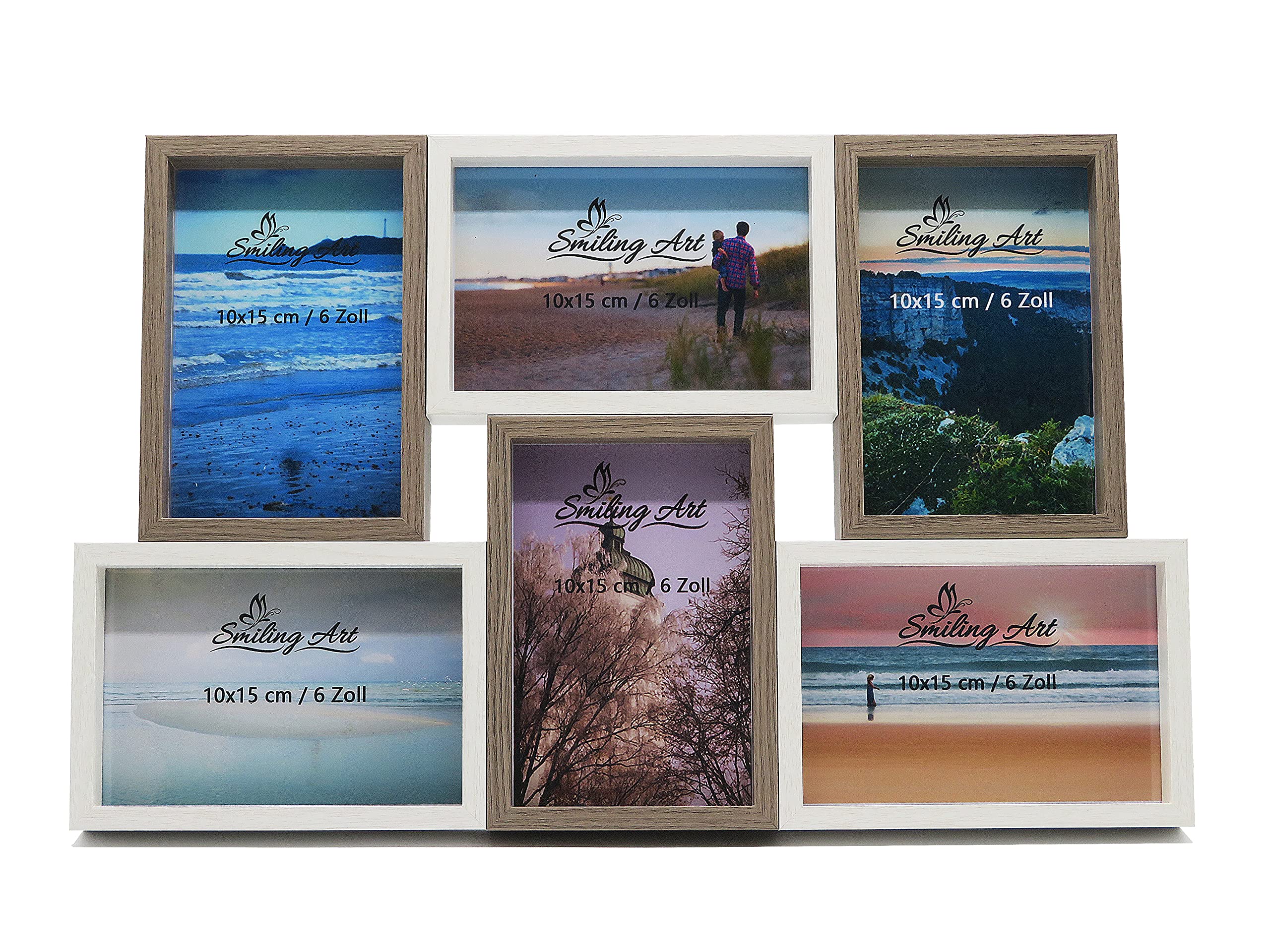 Bilderrahmen Fotorahmen Collage für 6 Fotos, Foto Collage aus MDF Holz mit Glas (Weiß+Dunkelbraun, 6x10x15 cm)