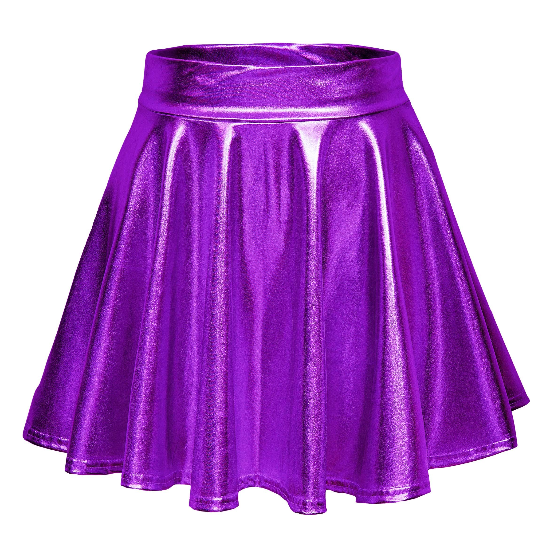 Exchic Women's Purple Shiny Metallic Wet Look Mini Skirt Elastic Waist Flared Skater Skirts(S, )