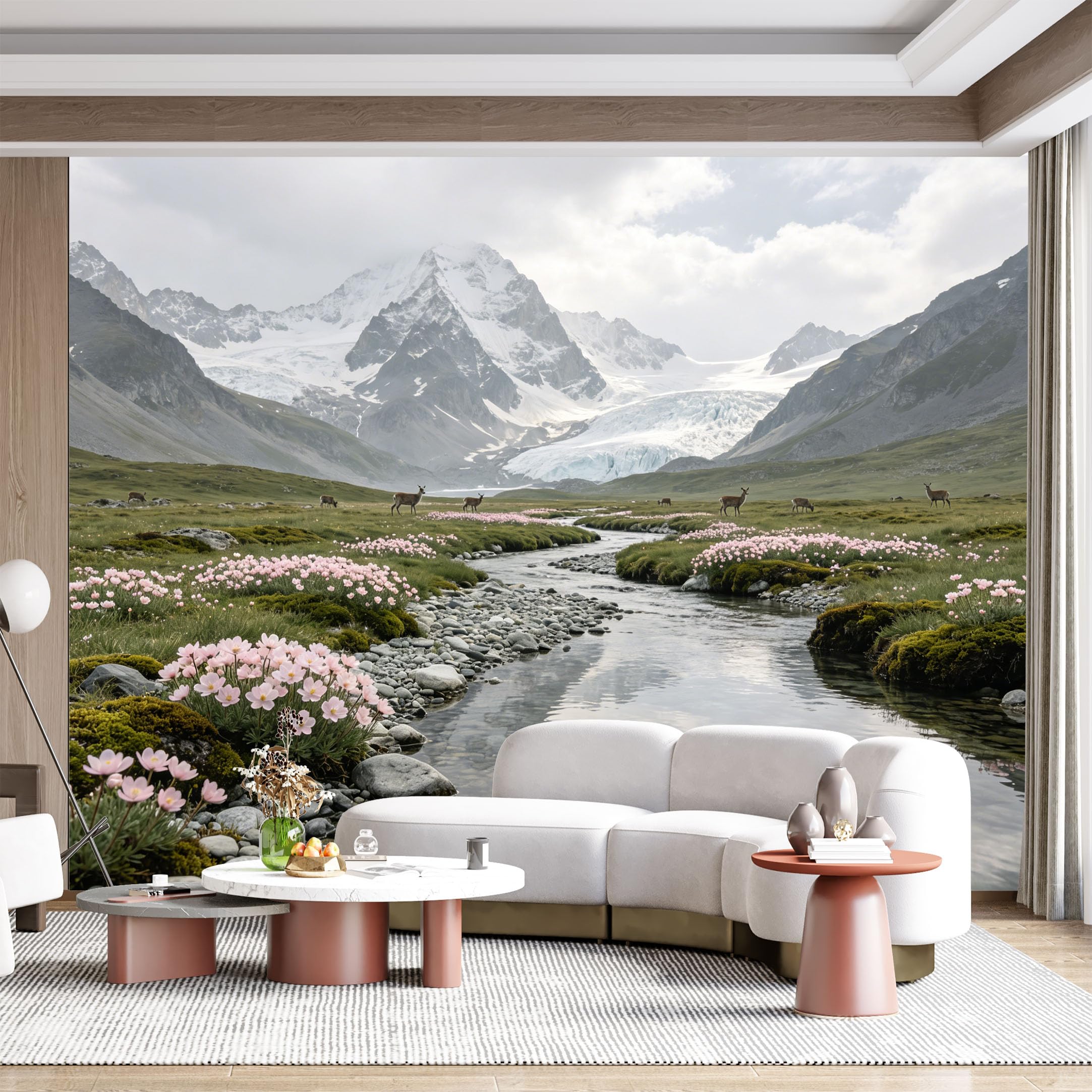 Custom Size Wall Mural Serene Alpine Landscape Mountain River Floral Meadow Wildlife Photography SelfAdhesive Wall Fabric Removable for Home Office Decor