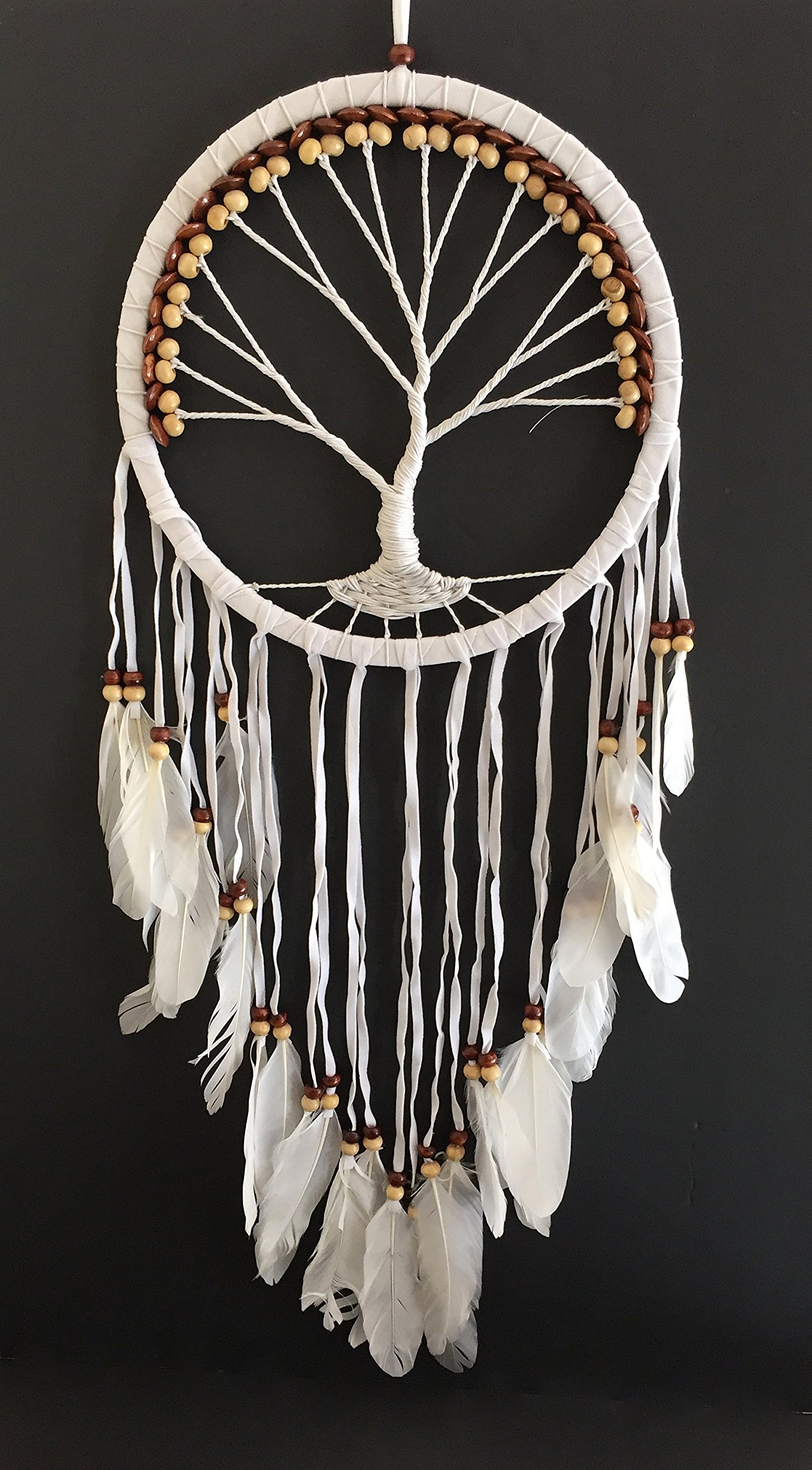 OMAOMA Dream Catcher, Tree of Life Design with Feathers and Beads, White Suede Authentic Traditional Dream Catcher Boho Home Decor Bedroom Decoration Gift - Large Size - 36" Long x 11" Diameter (Brown)