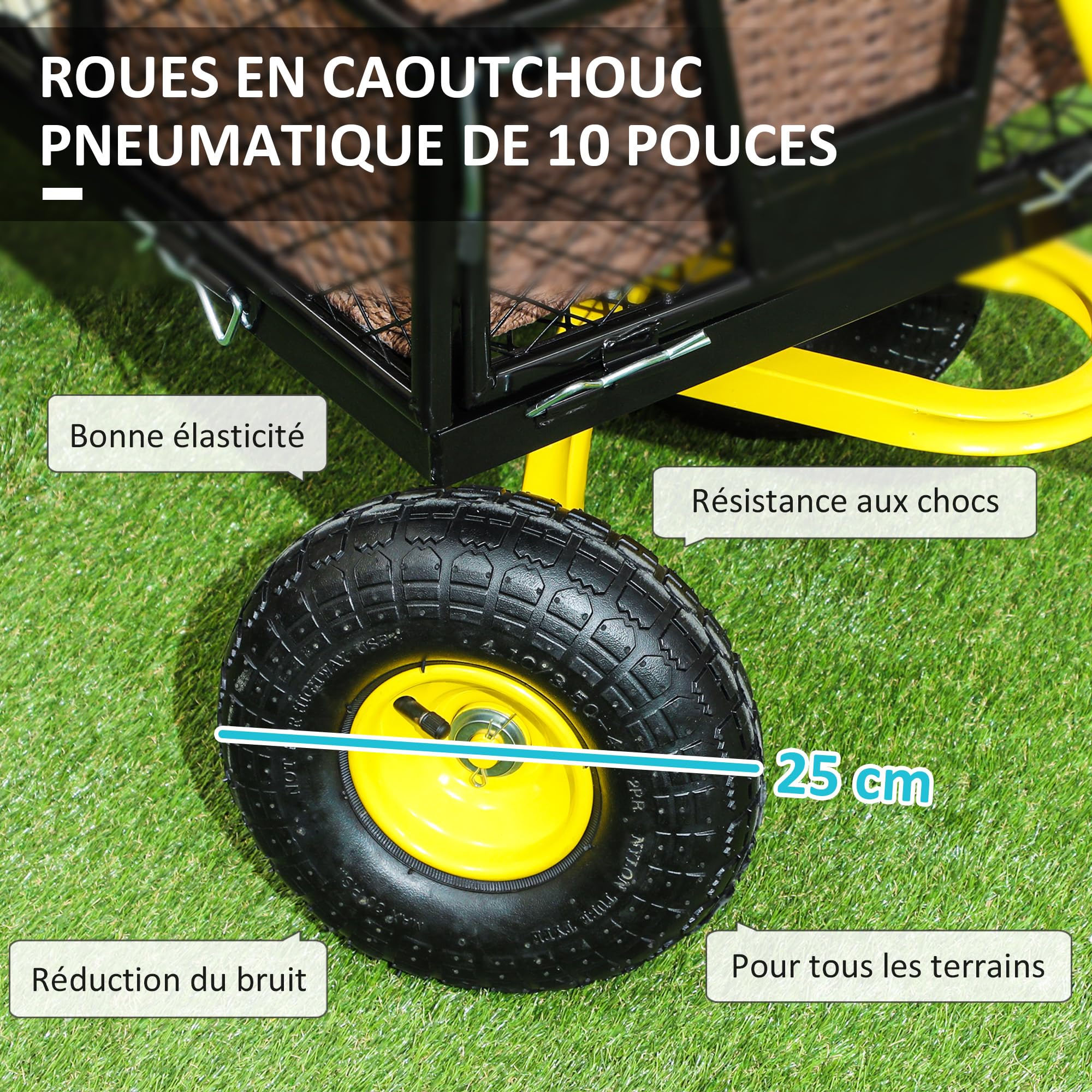 Outsunny Chariot de Jardin en Acier, Chariot de Transport, côtés Amovibles Transformable en Plateau, 4 Roues, 200 kg, charrette, remorque, poignée rotative à 180°, Noir et Jaune