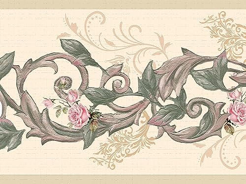 Dundee Deco Papel tapiz con borde para despegar y pegar DDAZBD9125, flores florales verdes y rosadas sobre bordes de pared, diseño retro, 15 pies x