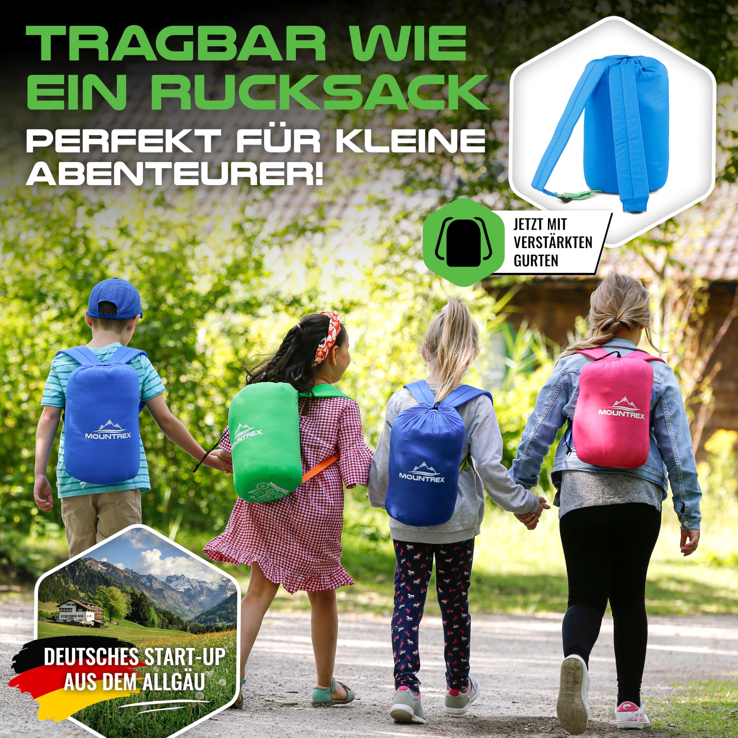 MOUNTREX Kinderschlafsack 5°C / 15°C – 100 % Baumwolle Innenfutter – Schlafsack für Kinder 175×70 cm – Leicht & Kompakt, Tragbar wie EIN Rucksack