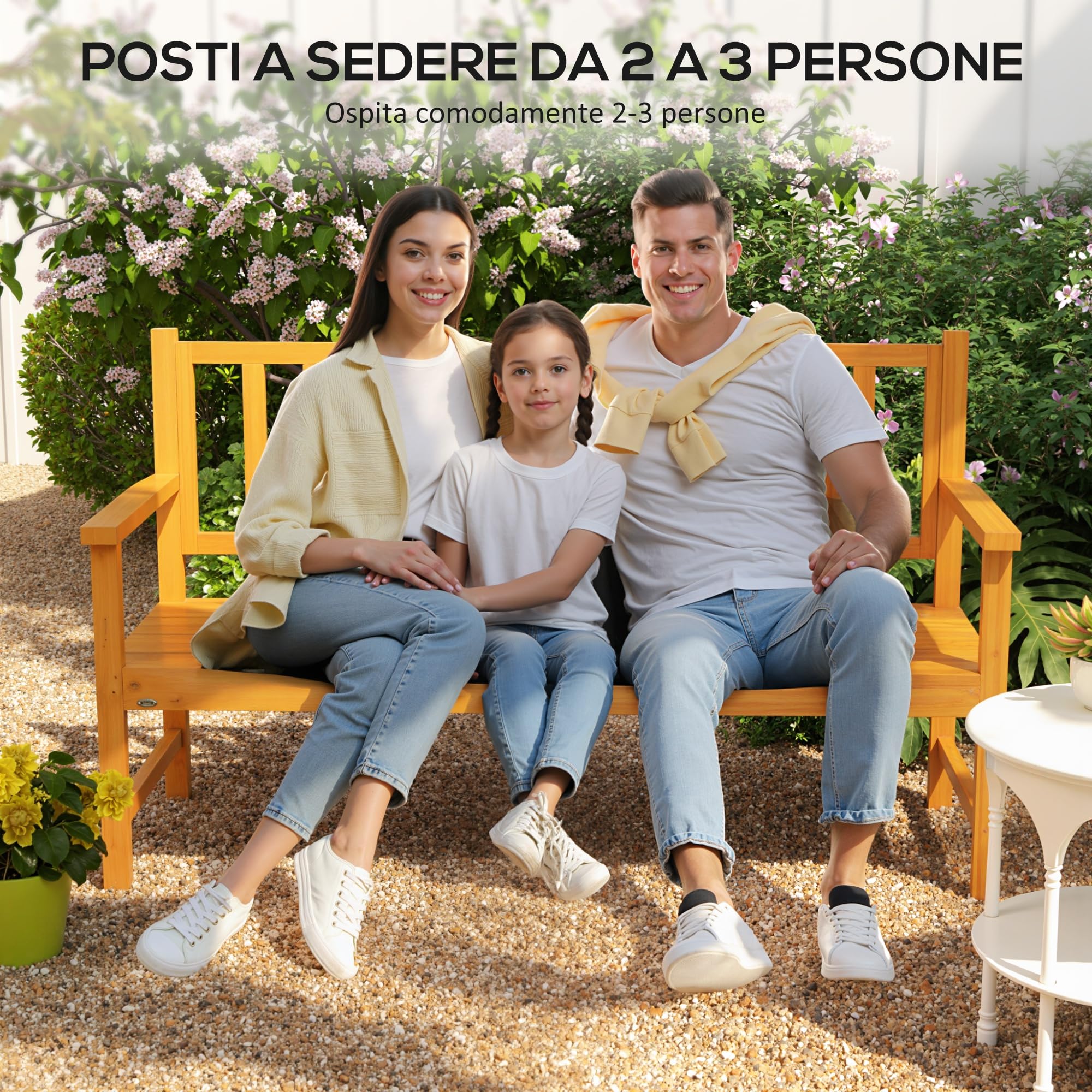Outsunny Panchina da Giardino a 2-3 Posti in Legno di Pino, Panchina da Esterno con Tavolino Sollevabile e Braccioli, per Balcone Esterno e Patio, 153x56x91 cm, Marrone Chiaro