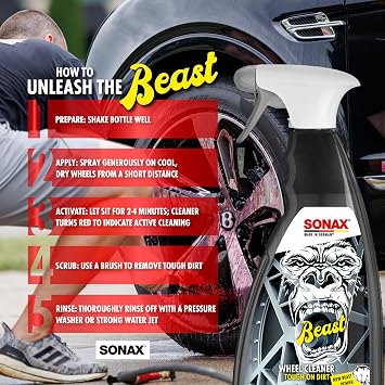 SONAX Beast Wheel Cleaner | Color-Changing Formula for Wheels & Rims | Dissolves Baked-On Contamination, Road Grime & Iron Particles | Safe for Factory and Aftermarket Finishes | 1 Liter | 33.8 oz