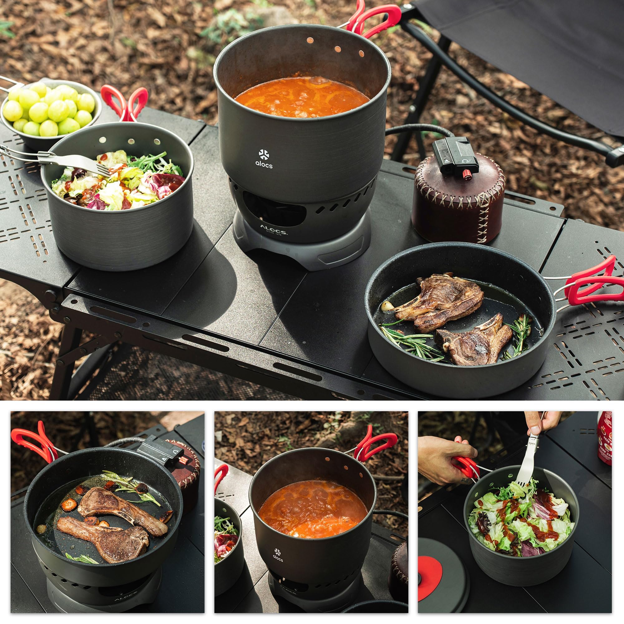 ALocs Camping-Kochgeschirr-Set, leichte Aluminiumtöpfe und -pfannen mit antihaftbeschichteter Bratpfanne, kompaktes, stapelbares Camping-Kochset zum Wandern, Trekking und Kochen im Freien