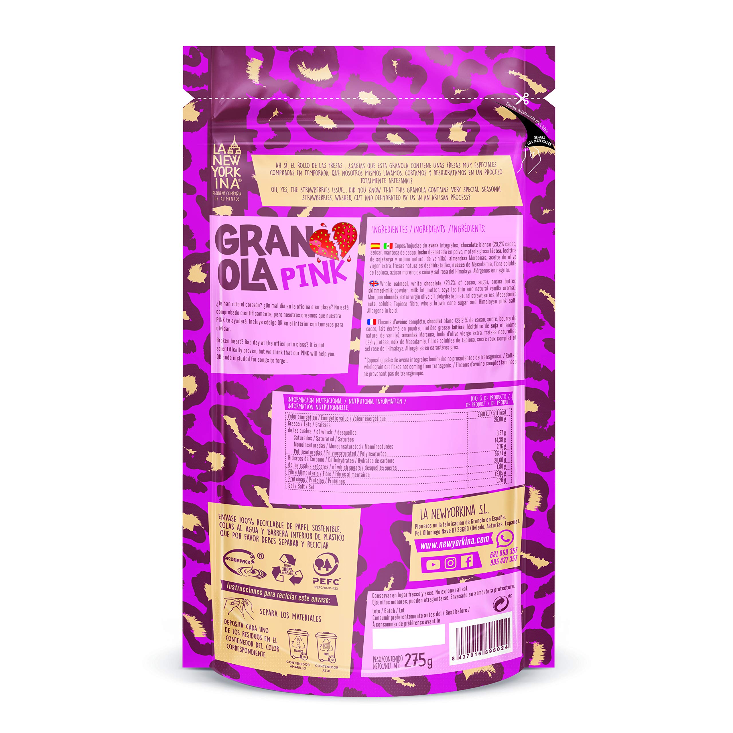 La Newyorkina Granola Sin Gluten Pink 275g Con Chocolate Blanco y Fresas