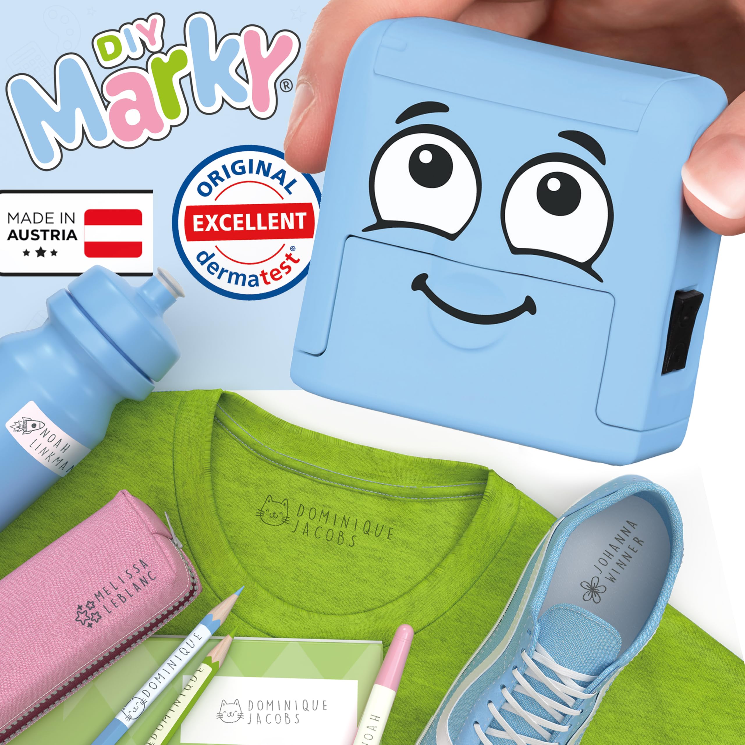 Sello Personalizable para Niños con Tinta 1000 Impresiones Kit Etiquetas Cinta Termoadhesiva Azul
