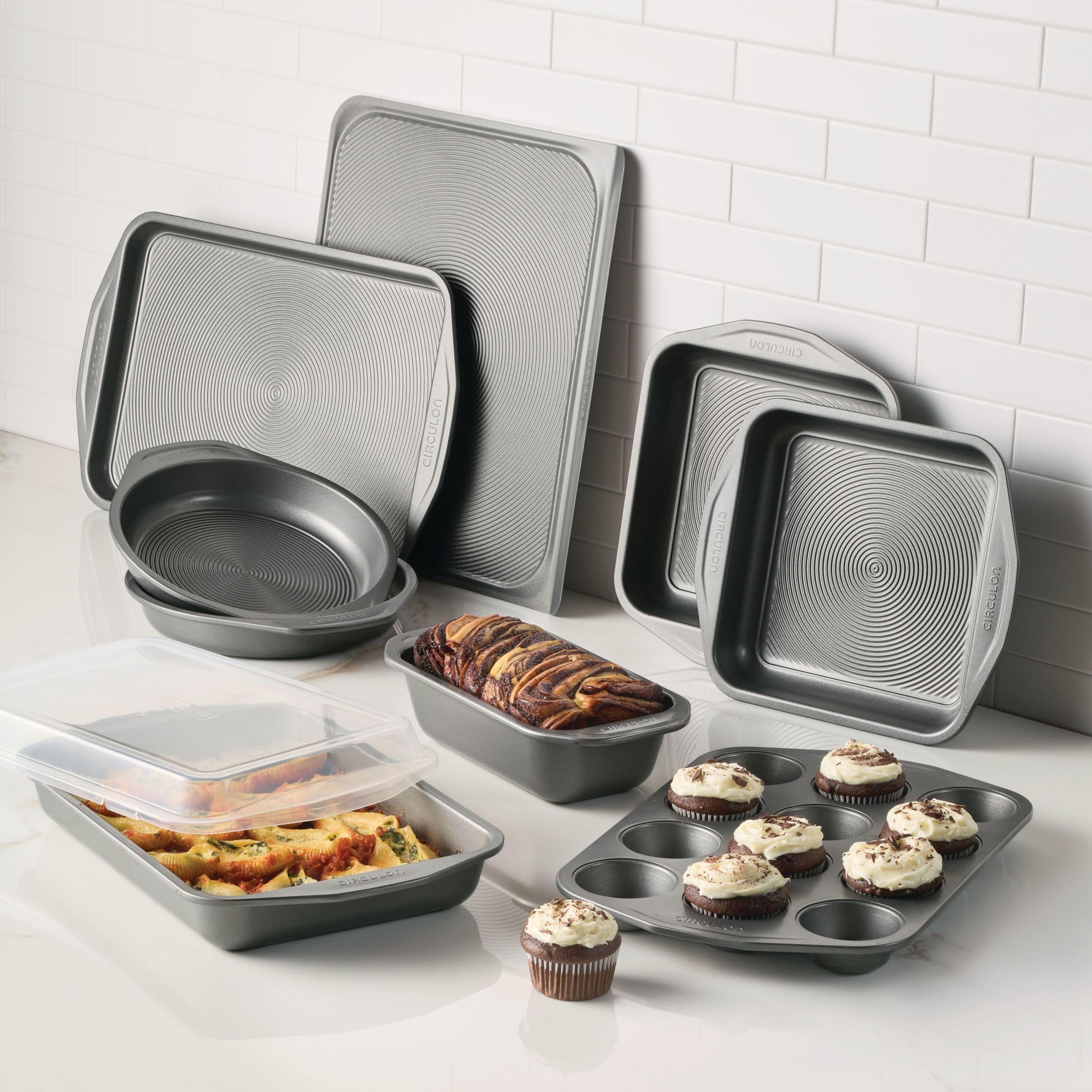 Circulon Total Antihaft-Backformen-Set mit Antihaft-Brotform, Keksblech, Backform, Backblech, Kuchenform und Muffin-/Cupcake-Form, 10-teilig, Grau
