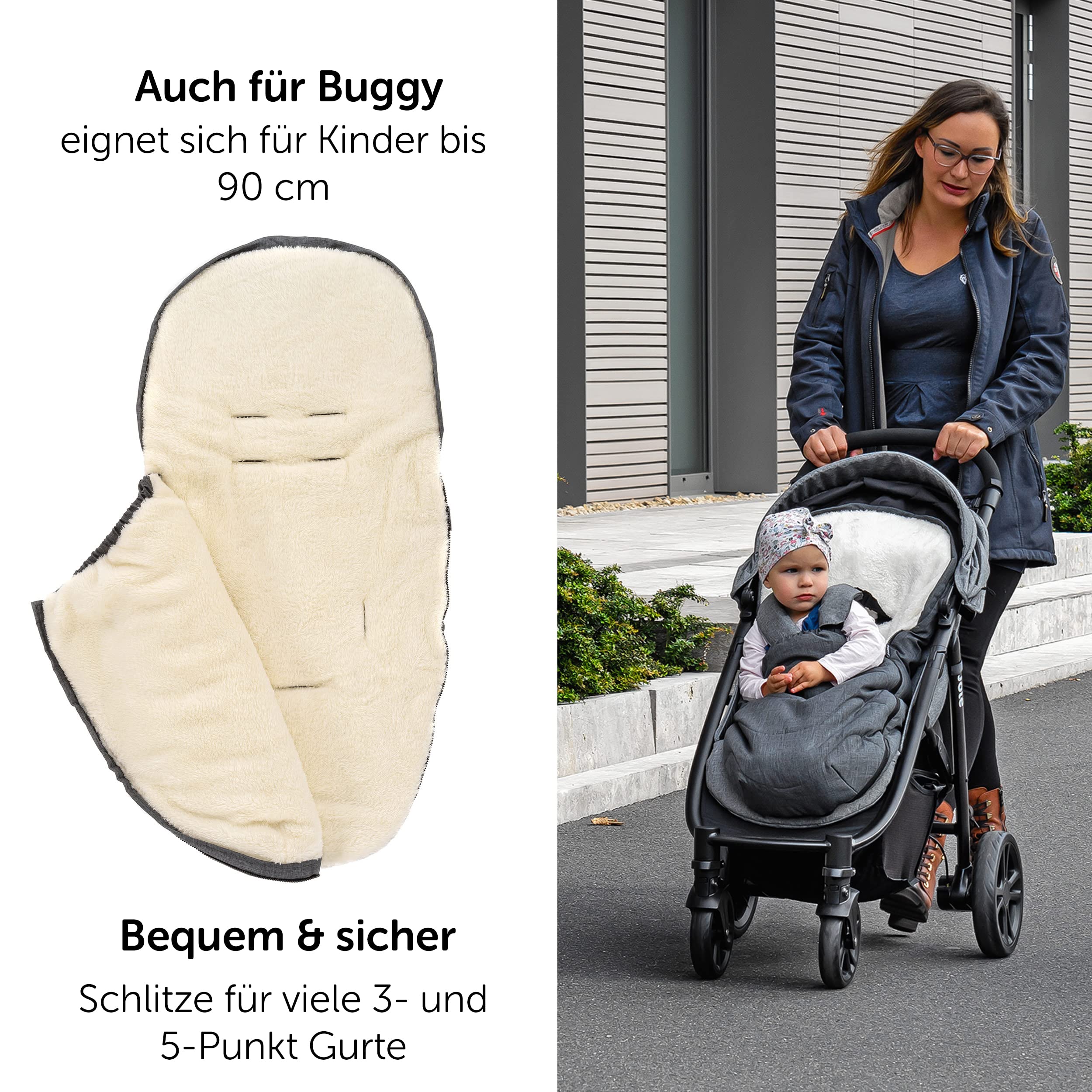 Zamboo Universal Fußsack für Babyschale, Kinderwagen Wanne und Buggy - 2in1 Winterfußsack und Sitzauflage aus Fleece, Grau