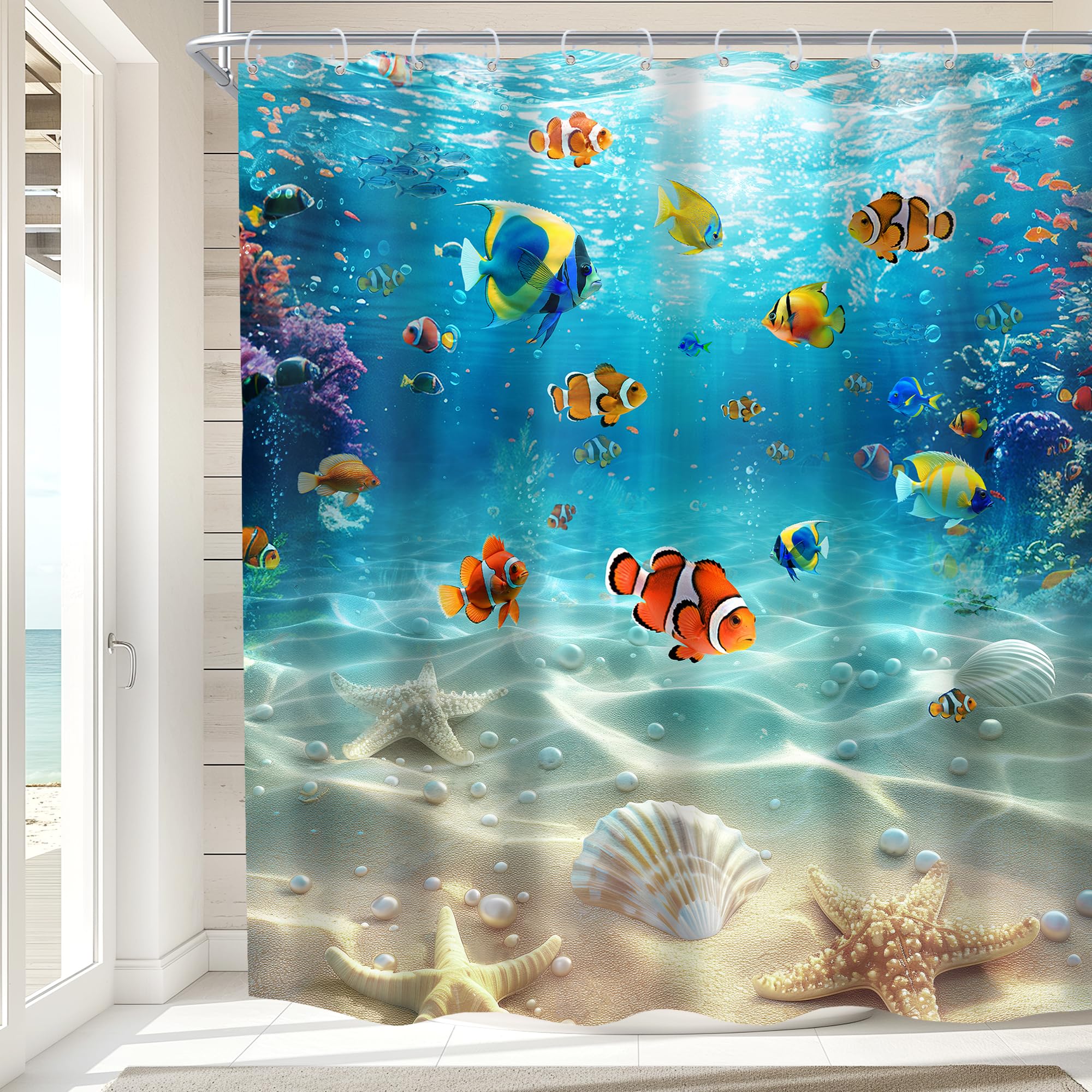 Imirell Ocean Fish Shower Curtain 72Wx78H Inches Summer Underwater Scenery Tropical Fishes Themes Starfish Beach Corals Sea Undersea World Kids Fabric Waterproof Polyester with 12 Pack Hooks Plastic โ image 1