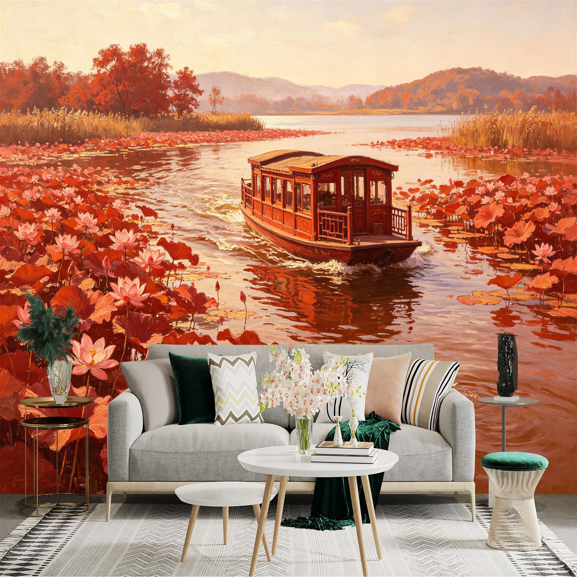 Custom Size Wall Sticker Mural， Traditional Wooden Boat on Lotus Lake， Scenic Autumn Landscape with Ducks， for wall Decoration， peelandstick wall Decals.