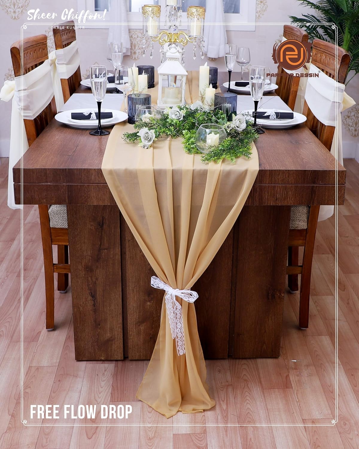 Parfair Desssin 10ft Chiffon Bridal Shower Decorations Table Runner Wedding Centerpieces for Tables Party Decor Rustic Wedding Decor - Caramel