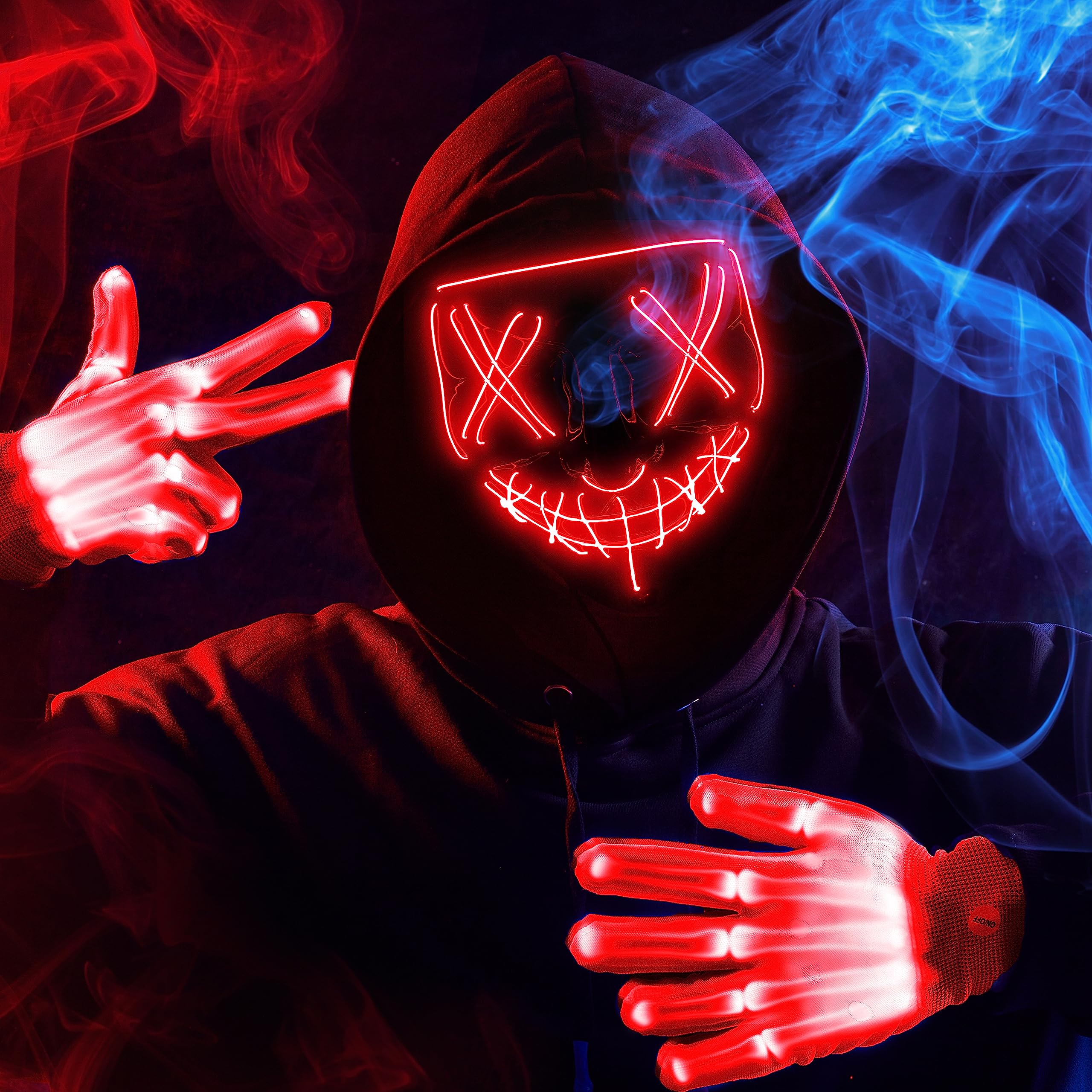 Máscara LED de Halloween, máscara de luz y guantes para disfraz de cosplay (rojo), 3 modos de máscaras aterradoras que brillan en la oscuridad para niños y niñas, accesorios de disfraces para 5