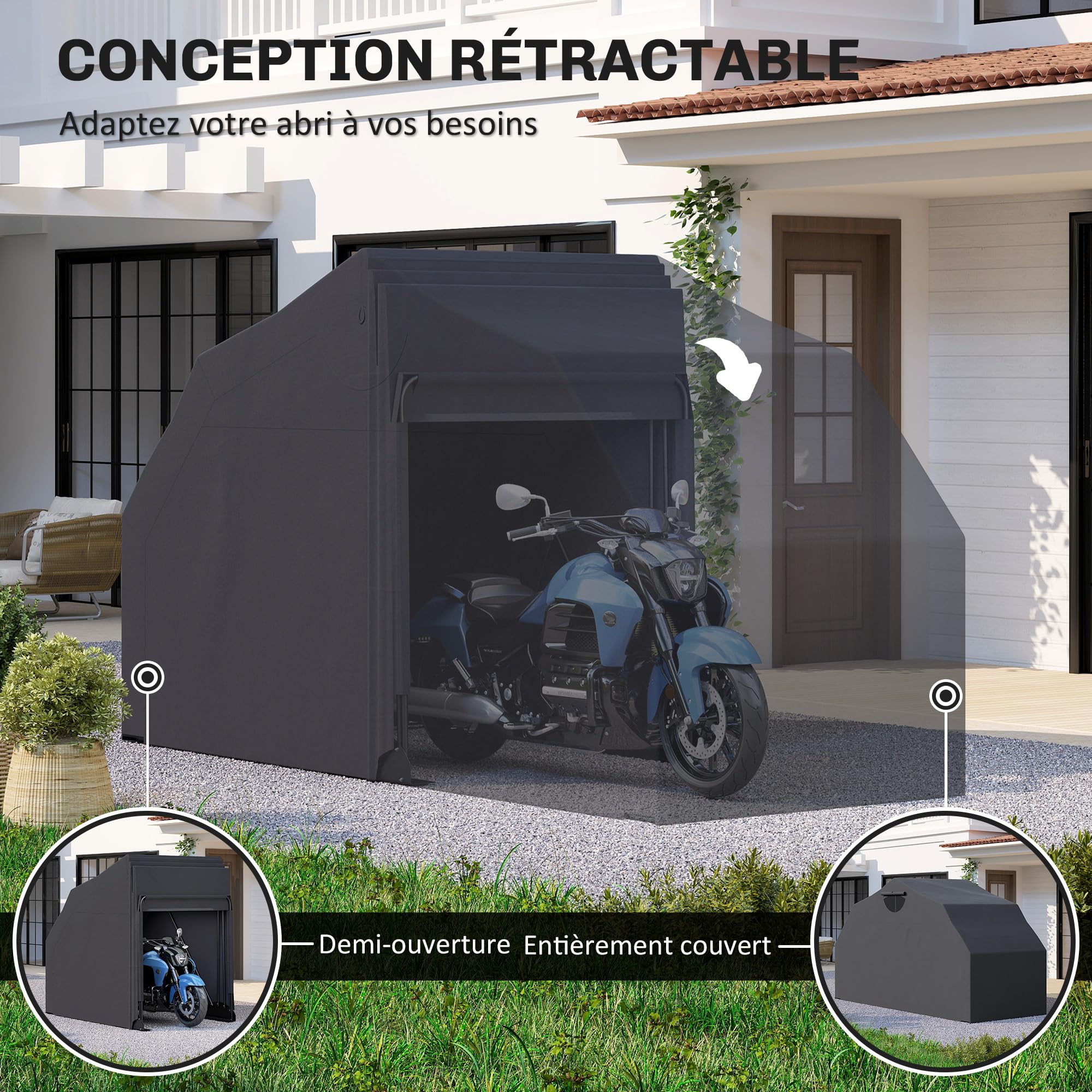 Outsunny Abri de Moto extérieur Tente à Moto Pliable de 345 x 135 x 191 cm avec Housse de Protection en Tissu Oxford, imperméable Anti-UV, 2 fenêtres enroulables, Rangement Garage extérieur, Noir