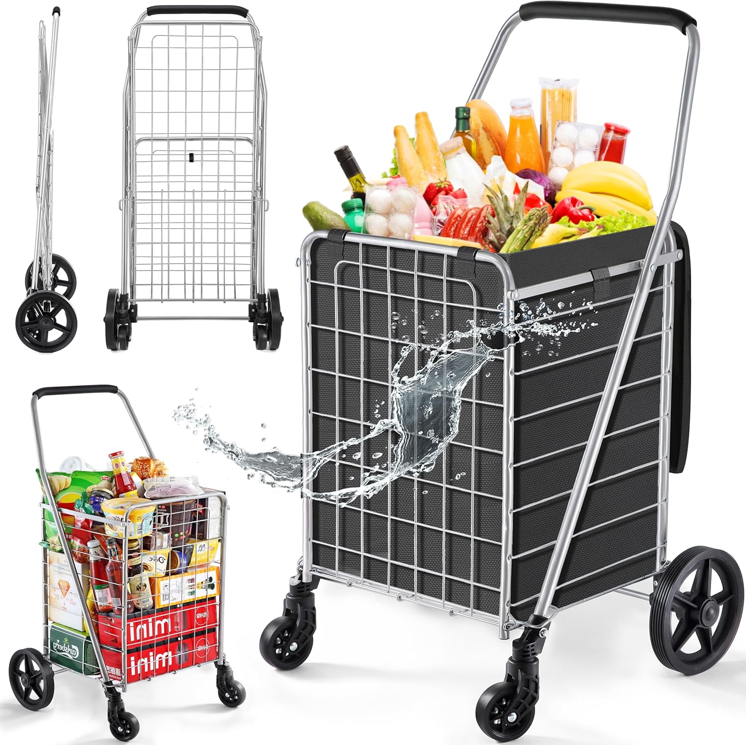 Wellmax WM99024S Grocery Utility Shopping Cart, Easily Collapsible and Portable to Save Space and Heavy Duty, Light Weight Trolley with Rolling Swivel Wheels Medium