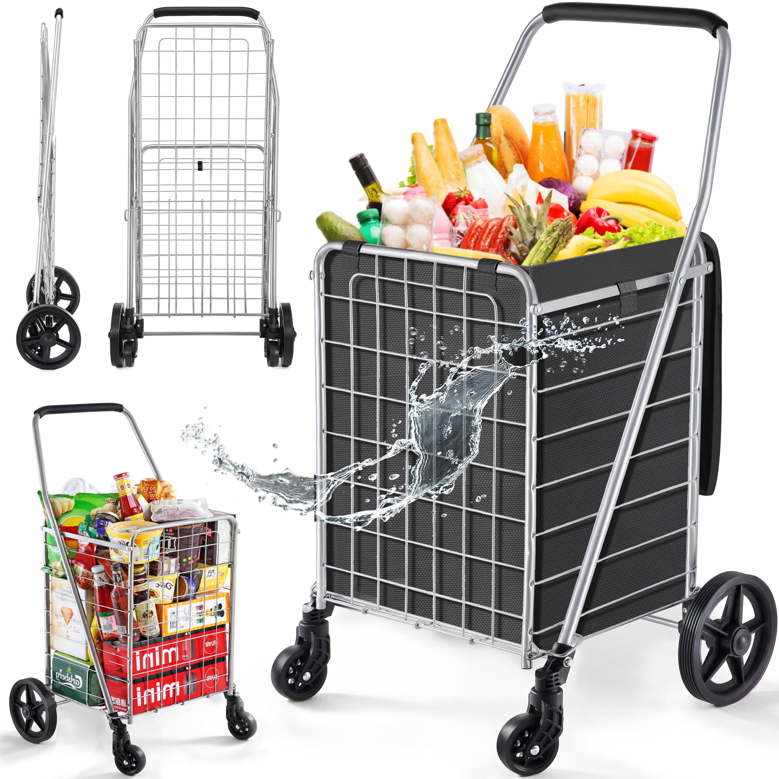 Wellmax WM99024S Grocery Utility Shopping Cart, Easily Collapsible and Portable to Save Space and Heavy Duty, Light Weight Trolley with Rolling Swivel Wheels