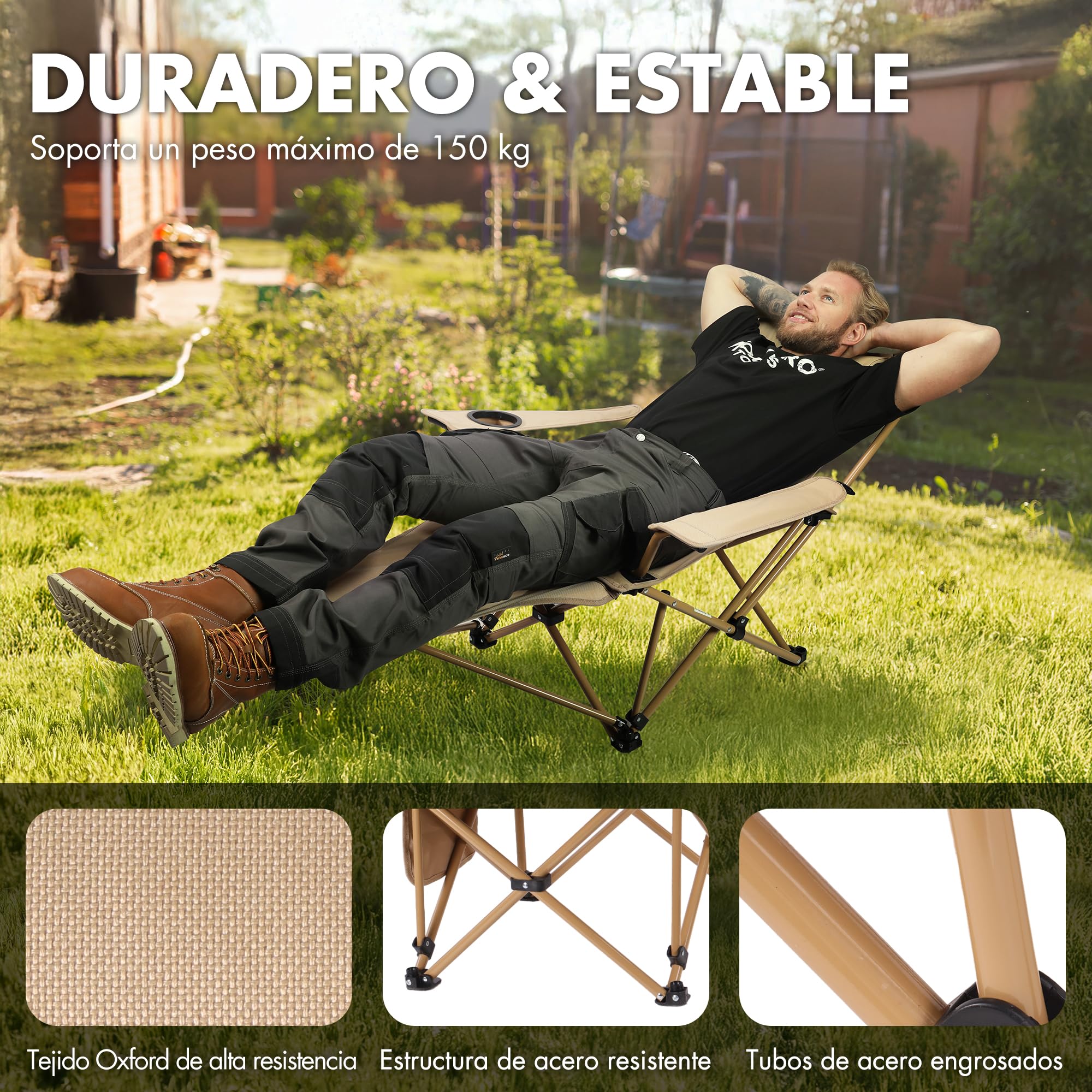VILLEY Silla de Camping Plegable con Reposapiés, Reposacabezas y Bolsa de Almacenamiento, Silla Plegable para Camping, Playa, Jardín, Pesca, Soporta hasta 150 kg, Beige