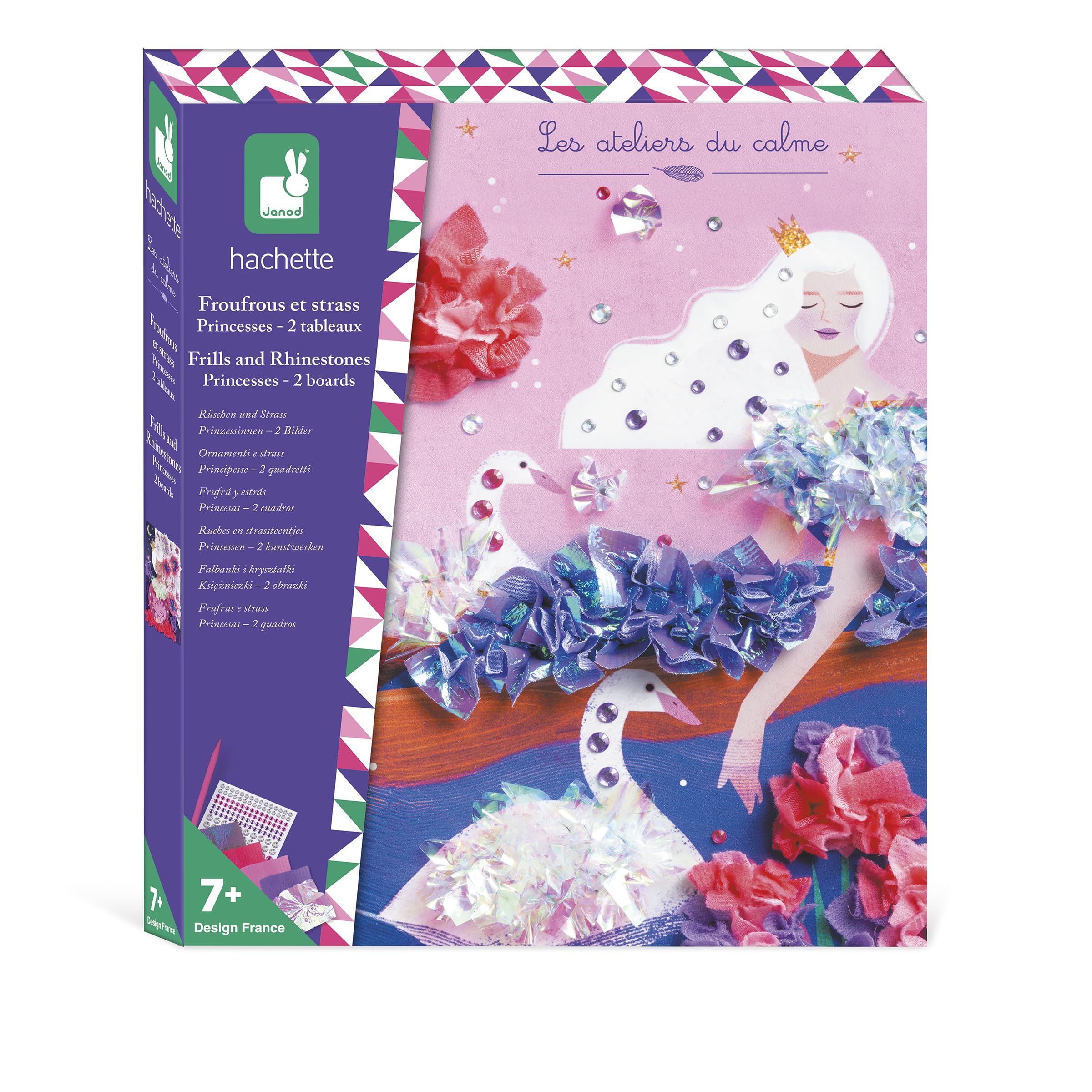 Janod - Kit Créatif Froufrous et Strass Princesses - 2 Tableaux à Décorer avec Tissus et Strass - Les Ateliers du Calme - Kit Créatif Enfant Dès 6 Ans