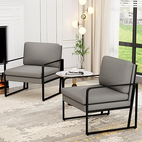Miniatura 9 de ALISH Sillas decorativas modernas, sillas tapizadas para sala de estar, sillas de lino con brazos para sala de estar con marco de metal (gris