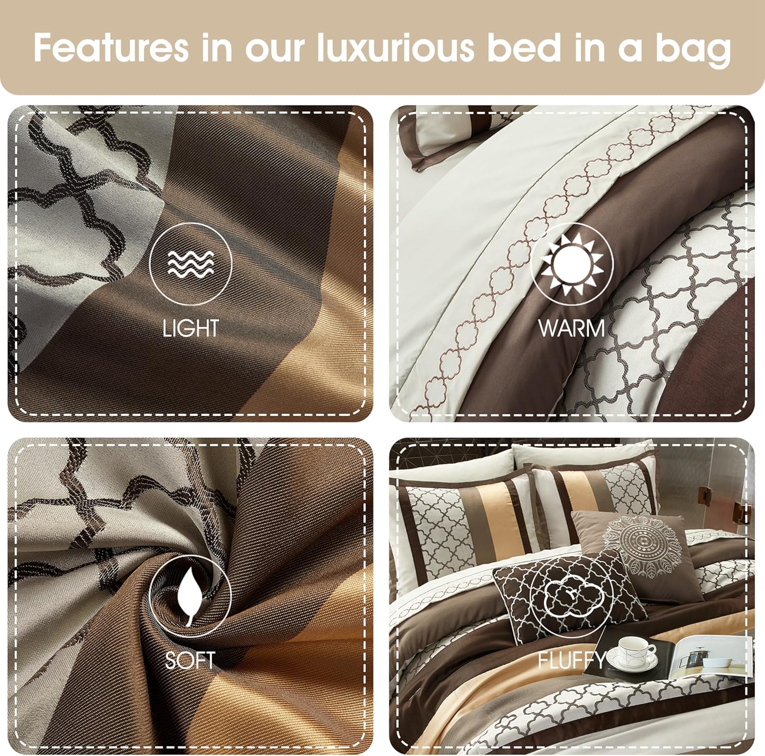Grand Avenue Brown Comforter Set King, 8 Pieces Bed in a Bag, Lightweight Microfiber, Ultra-Soft, Jacquard Premium Bedding Set, Striped Design