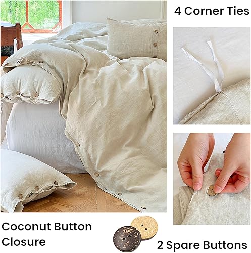 Miniatura 3 de Simple&Opulence - Juego de funda de edredón 100 % lino, 3 piezas con cierre de botón de coco, de lino francés lavado, color liso, suave,