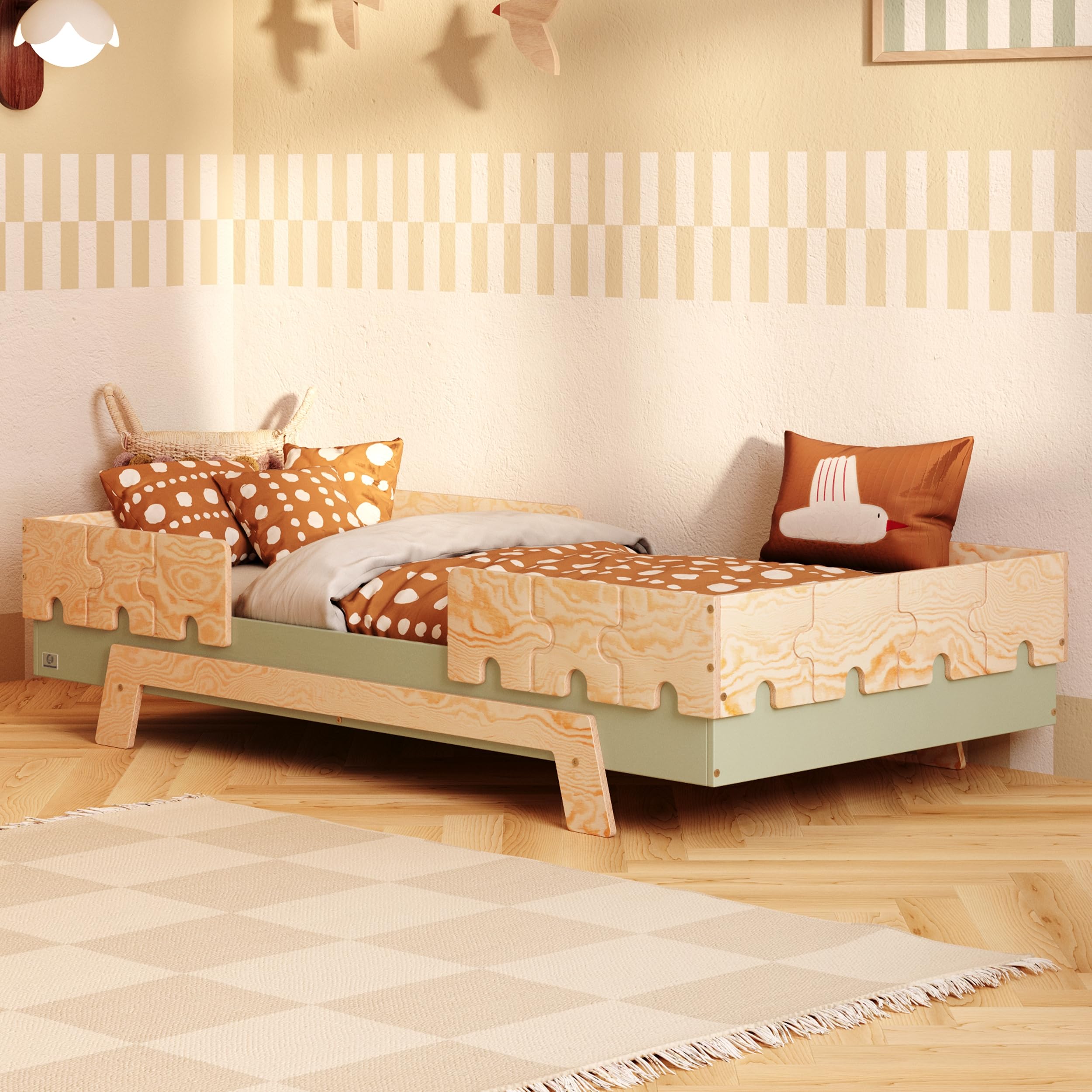 smartwood Cama Infantil 90x190 cm 6in1 - Cama Montessori de Madera Natural - Verde - con barandilla y somier hasta 230 kg - Cama para niños a Partir de 3 años - con Certificado FSC - Puzzle BR2 The Forest Stewardship Council