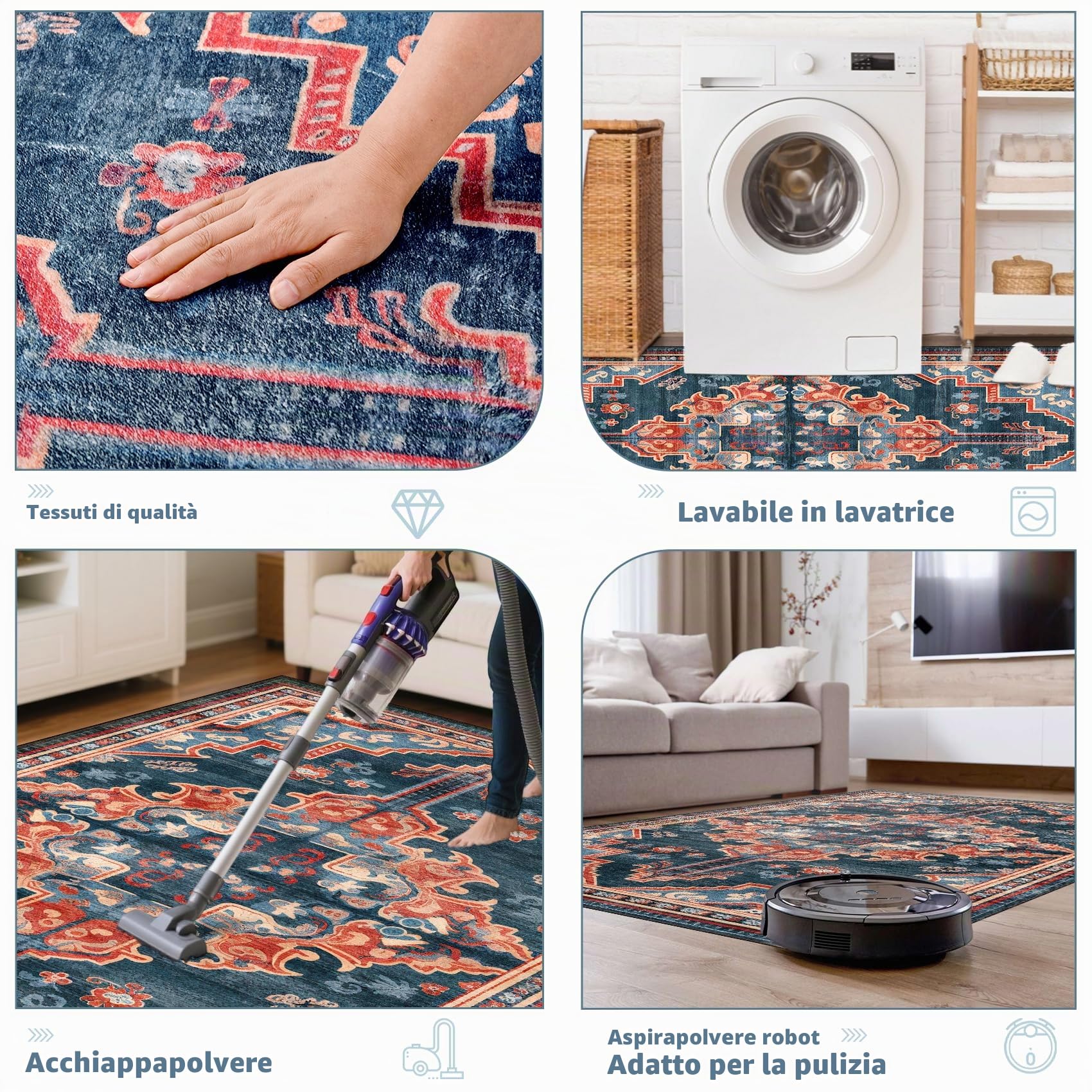 Tappeto per soggiorno, 120 x 180 cm, tappeto da comodino, cucina, antiscivolo, lavabile, per decorare la casa, camera da letto, dormitorio, camera dei bambini, salotto, ufficio, blu scuro, arancione